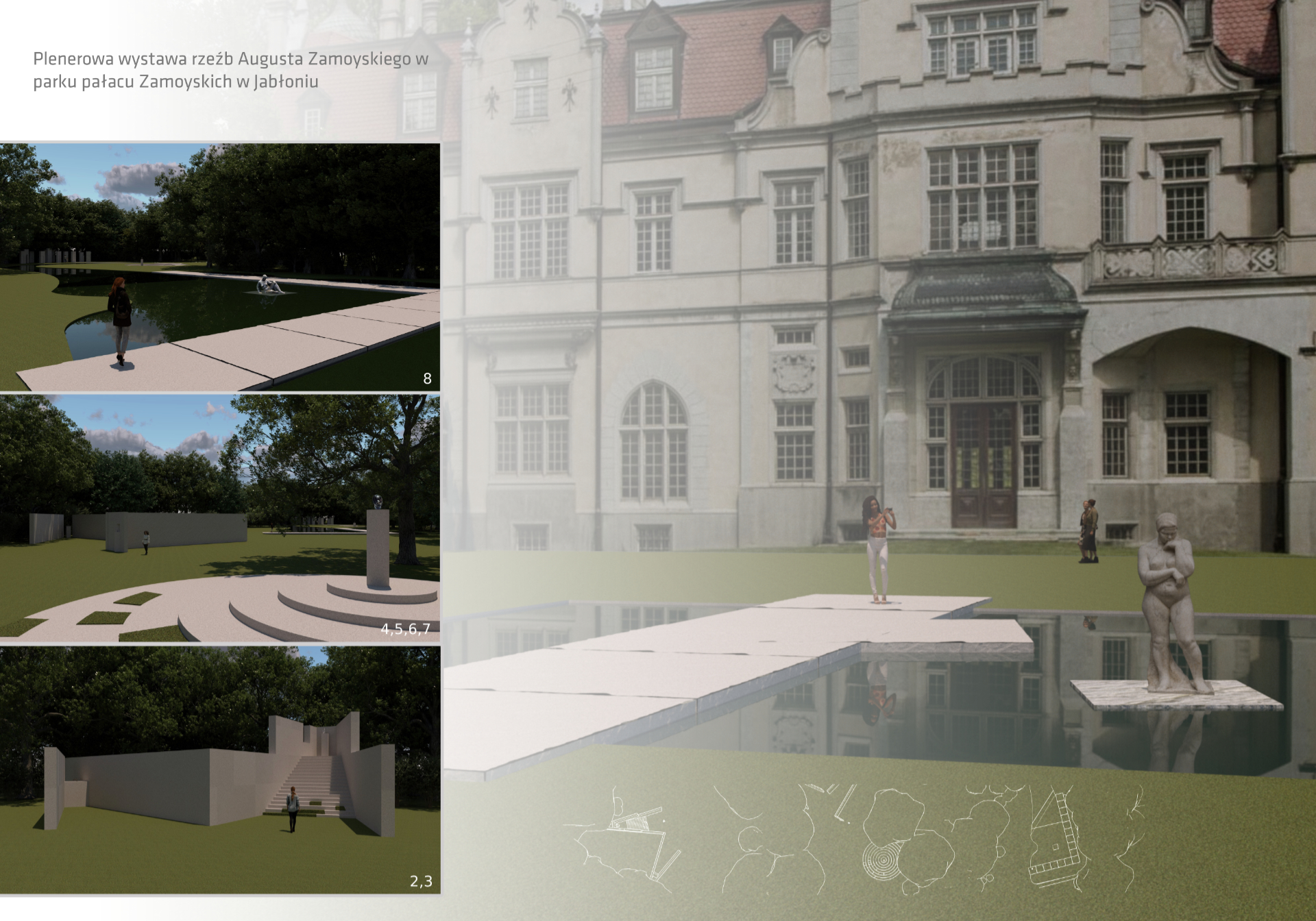 Projekt koncepcyjny wystawy plenerowej w parku pałacu Zamoyskich w Jabłoniu, zawierający komputerowe wizualizacje barwnych widoków perspektywicznych, ukazujących przestrzeń ekspozycji z punktu widzenia osoby zwiedzającej oraz rzuty.