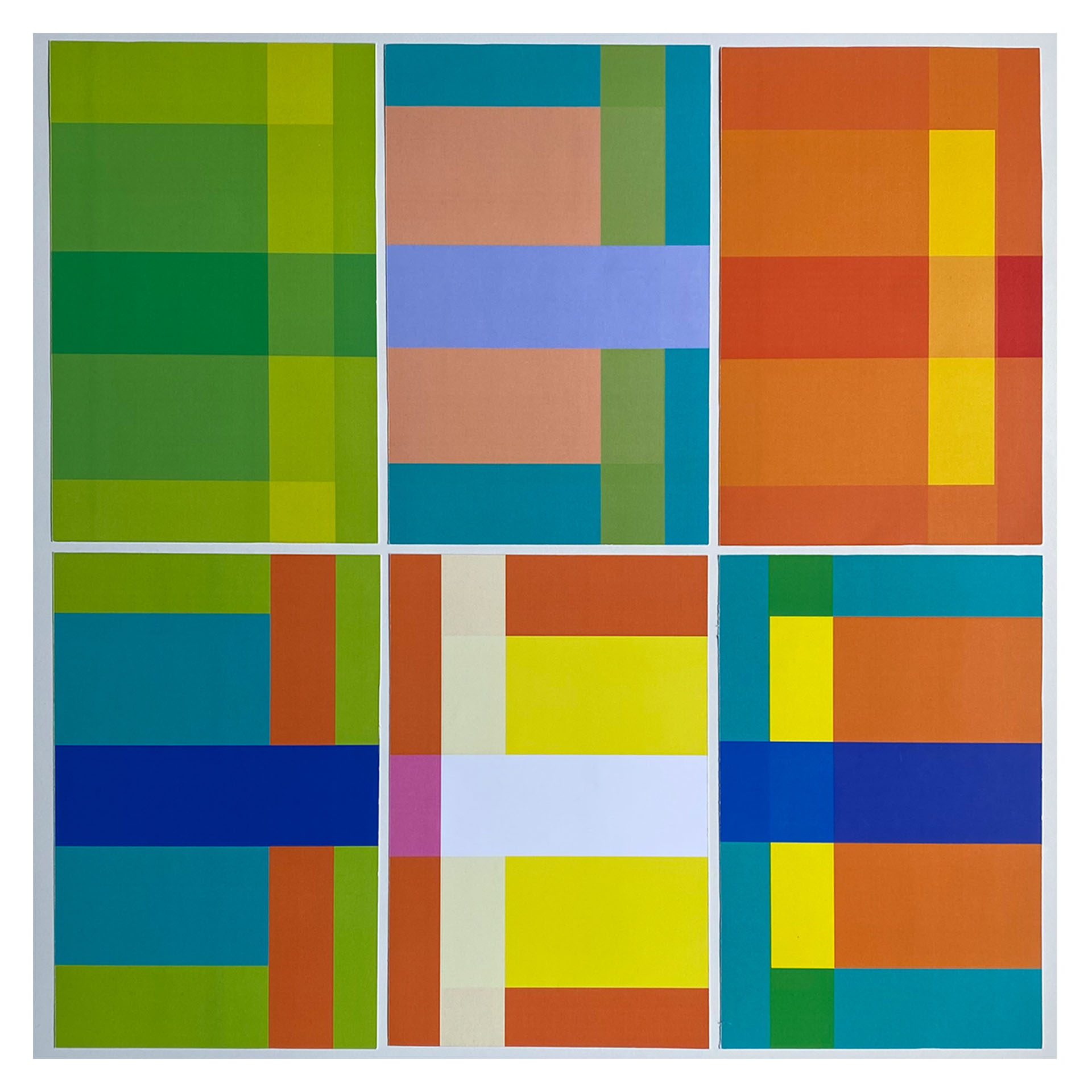 Kompozycja barwna sześciu grafik z prostokątnymi formami.