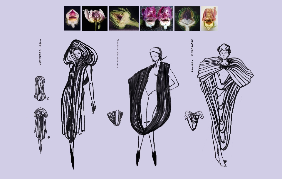 Układ trzech rysunków przedstawiających projekty ubioru na sylwetce kobiety. U góry sześć zdjęć kwiatów