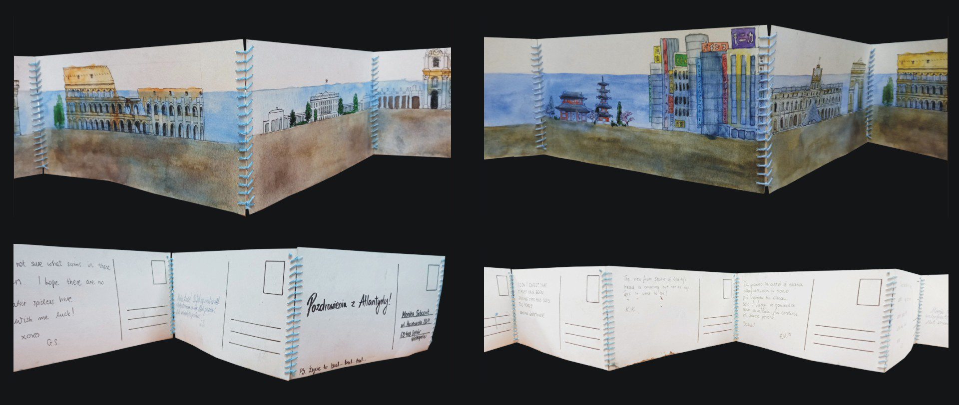 Unikatowa książka artystyczna, podnosząca problem topnienia lodowców, książka harmonijkowa, poszczególne strony wykonane ręcznie, przypominające pocztówki, kolorowe grafiki, pismo ręczne