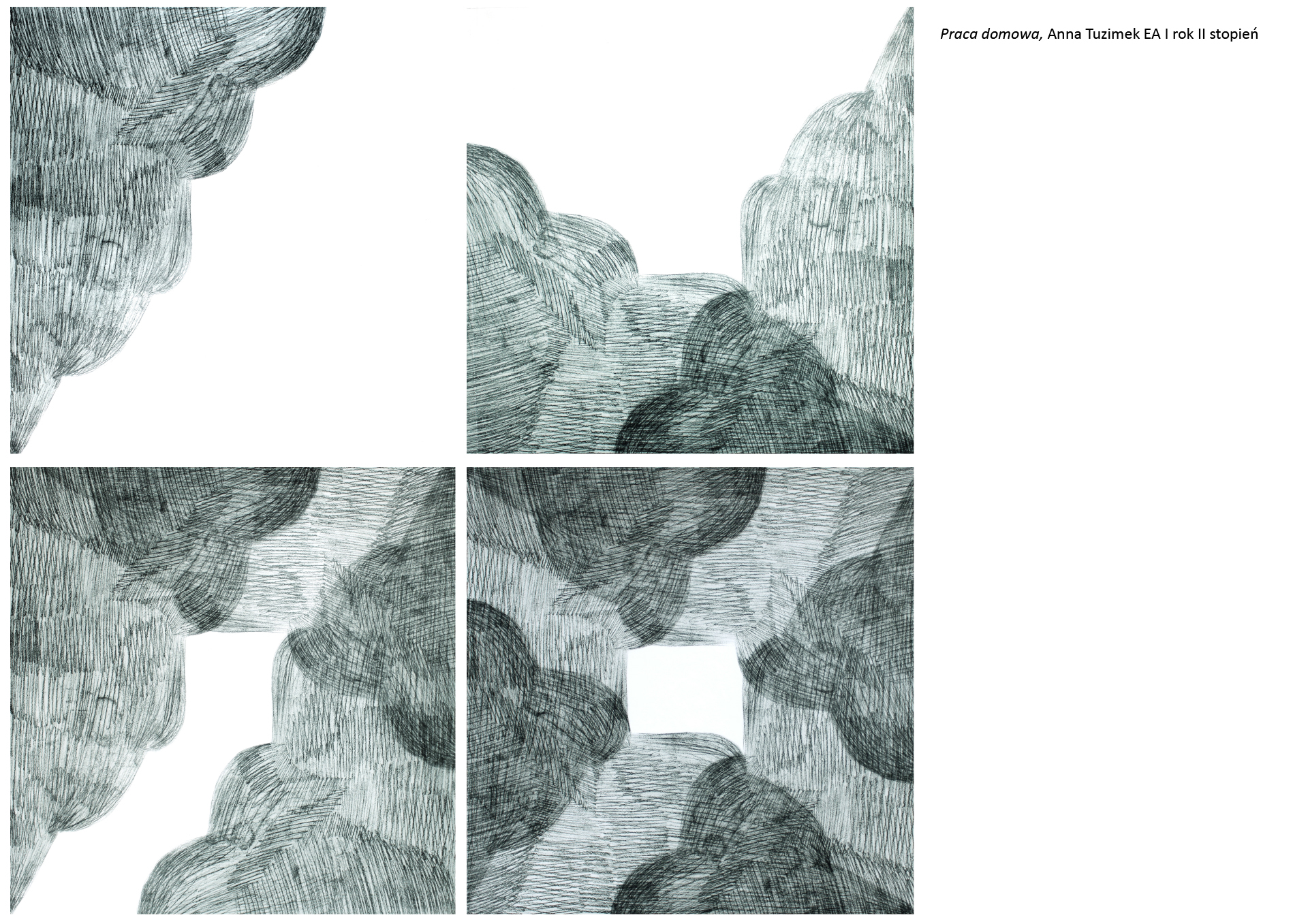 Tytuł: Praca domowa. Autorka: Anna Tuzimek. Cztery grafiki w odcieniu morskiej zieleni,  na obrazach nakładające się kształty geometryczne przypominające ilustracyjne przedstawienie chmur.