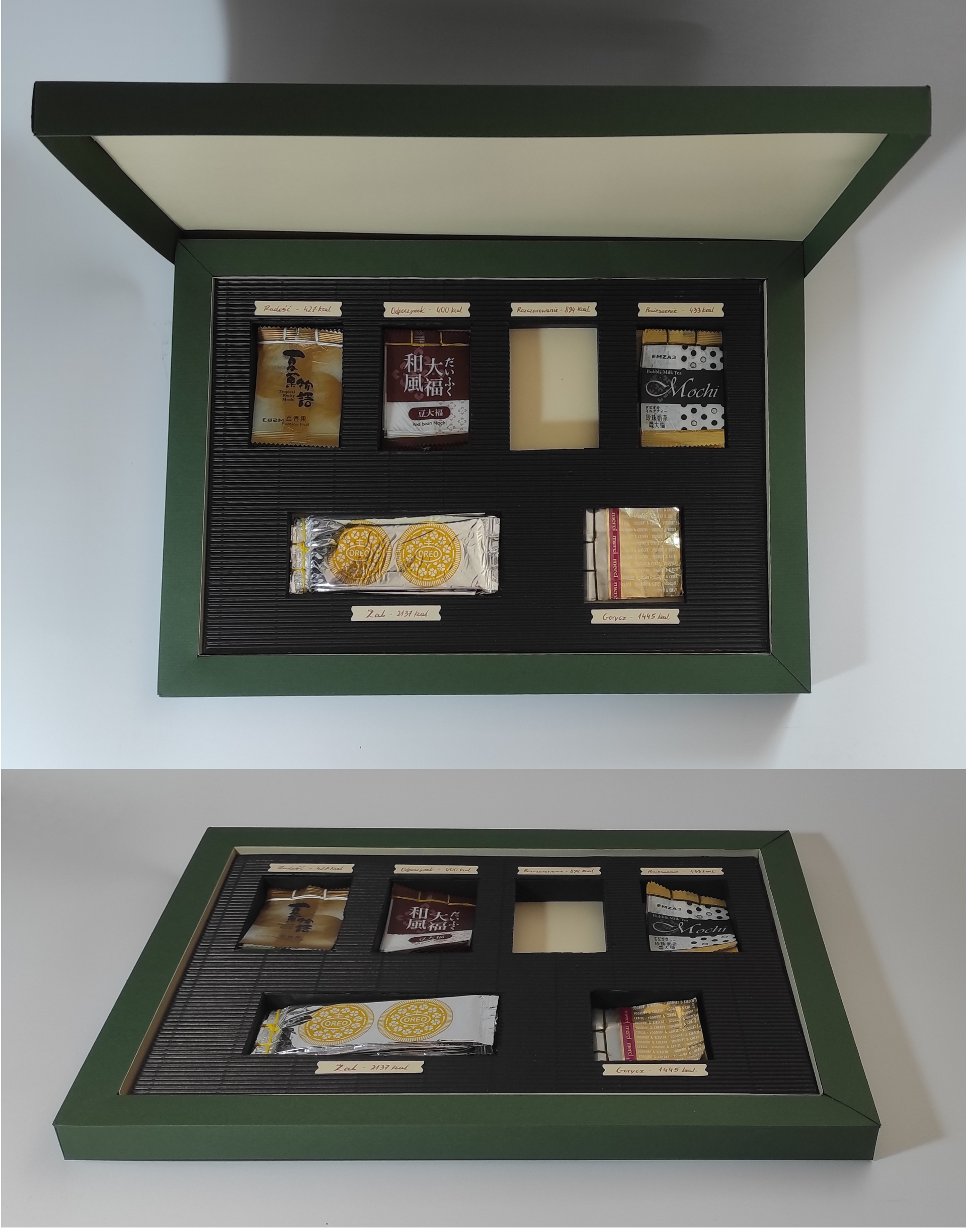 Dwa widoki pudełka z umieszczonymi wewnątrz małymi książeczkami. Pudełko w kolorze zieleni. Książeczki wykonano z opakowań po słodyczach