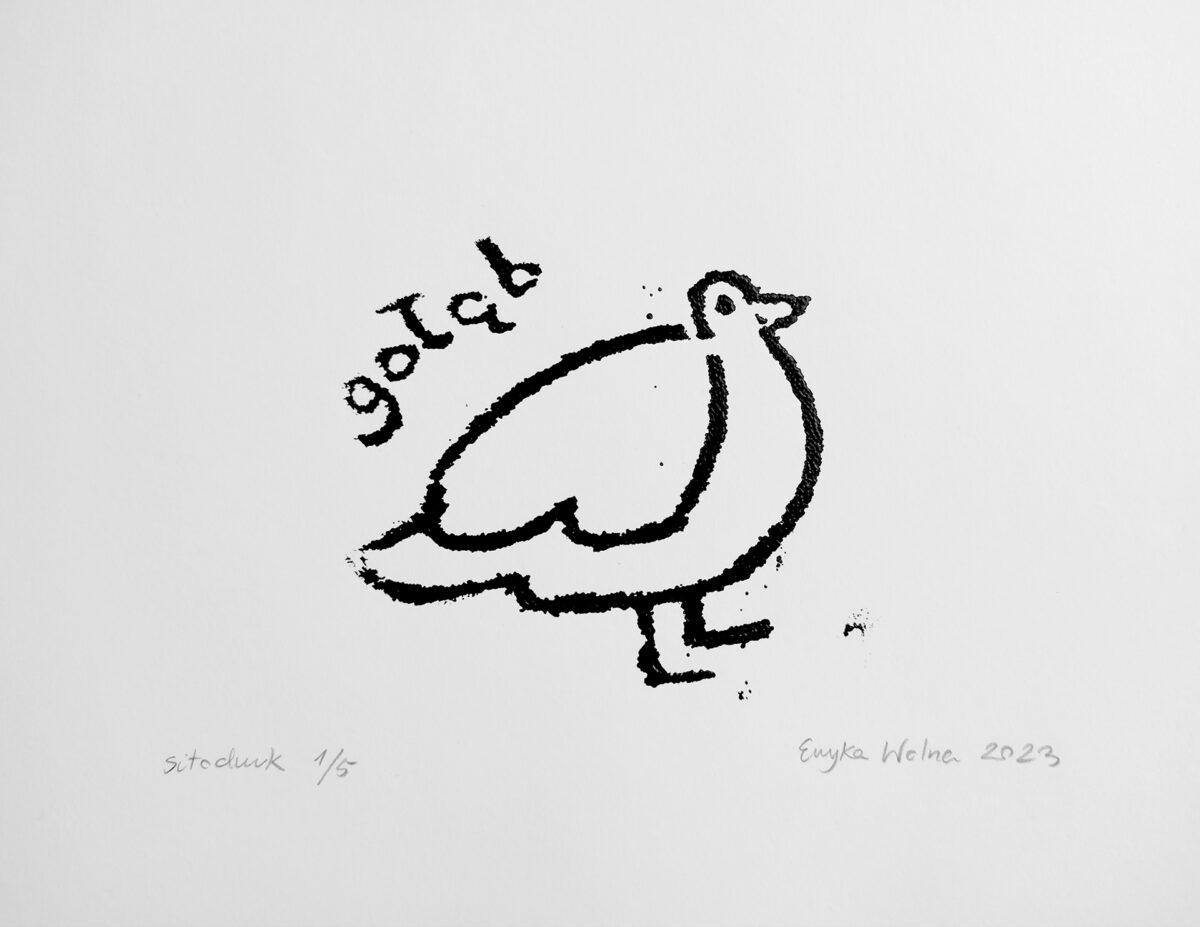 Narysowany za pomocą linii, w sposób prosty ptak. Nad nim znajduje się napis: gołąb.