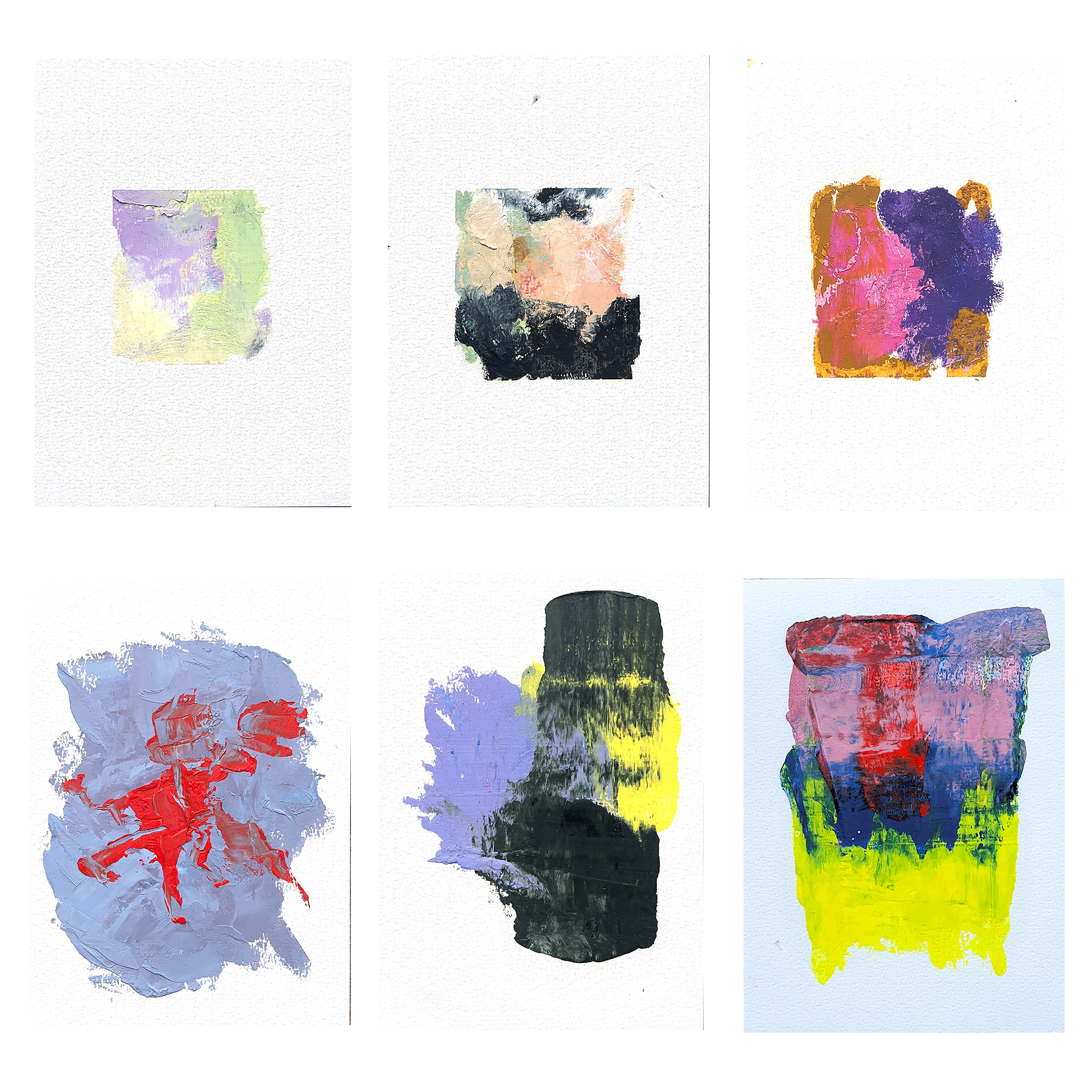 Dokumentacja sześciu obrazów powstałych za pomocą śladów farb olejnych. 