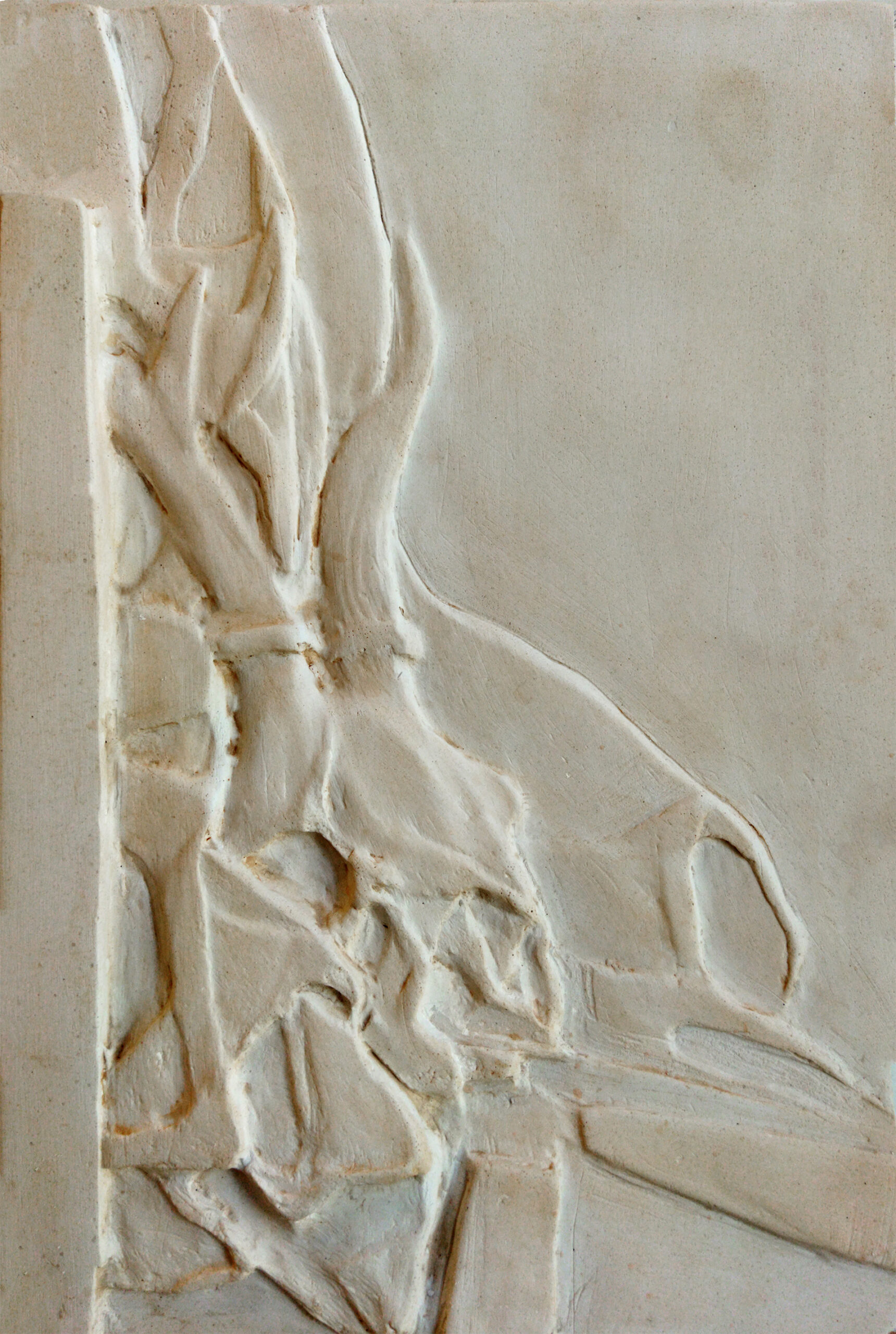 Gipsowa płaskorzeźba przedstawiająca martwą naturę. Na pierwszym planielewą część kompozycji dominuje czaszka i rogi zwierzęcia, wokół niej syntetycznieopracowana draperia. W tle również draperia, ale o nieco osłabionym walorze.