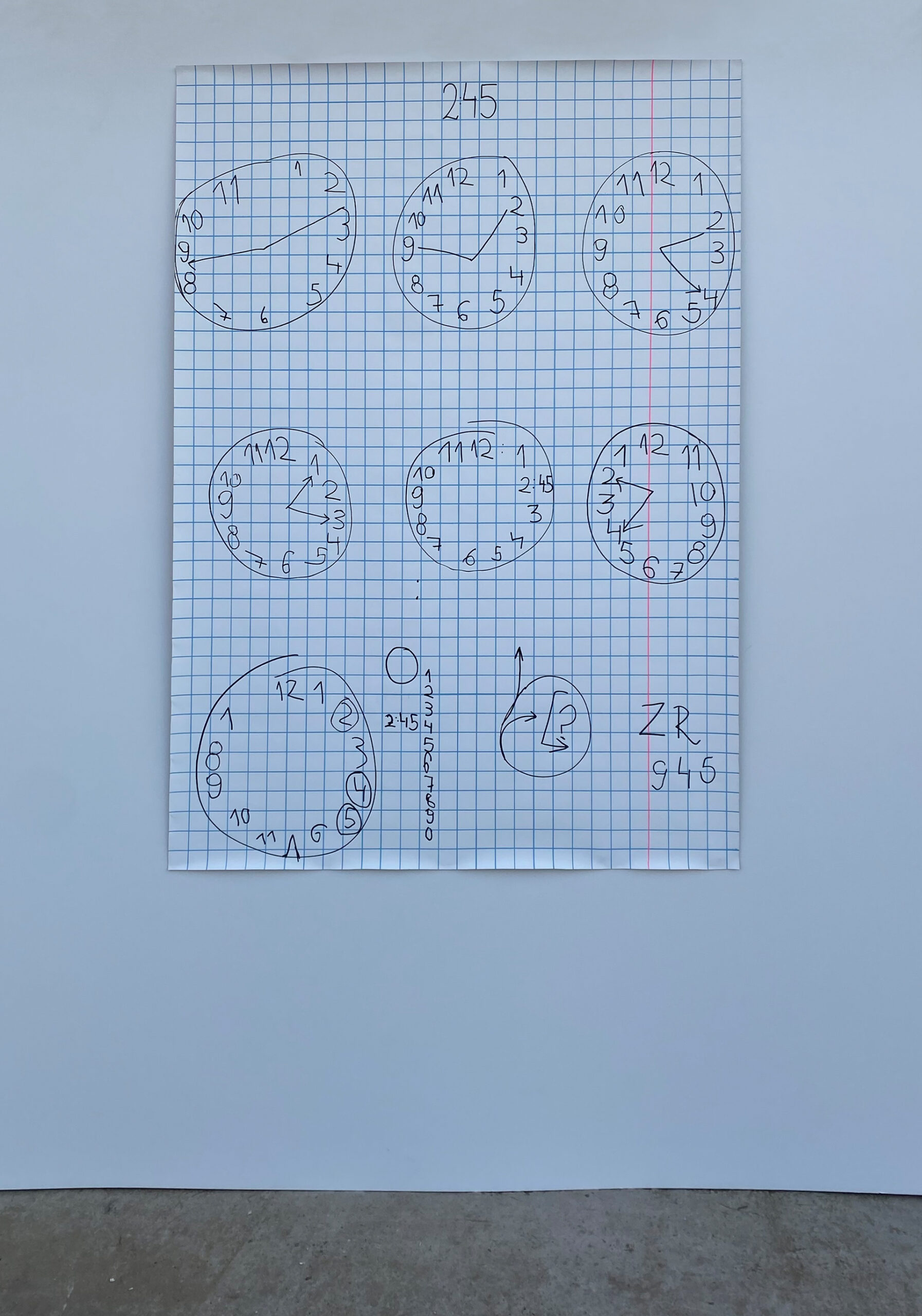 Dokumentacja obrazu imitującego kartkę papieru w kratkę, na której widnieją zegary w przeróżnych rysunkowych formach.