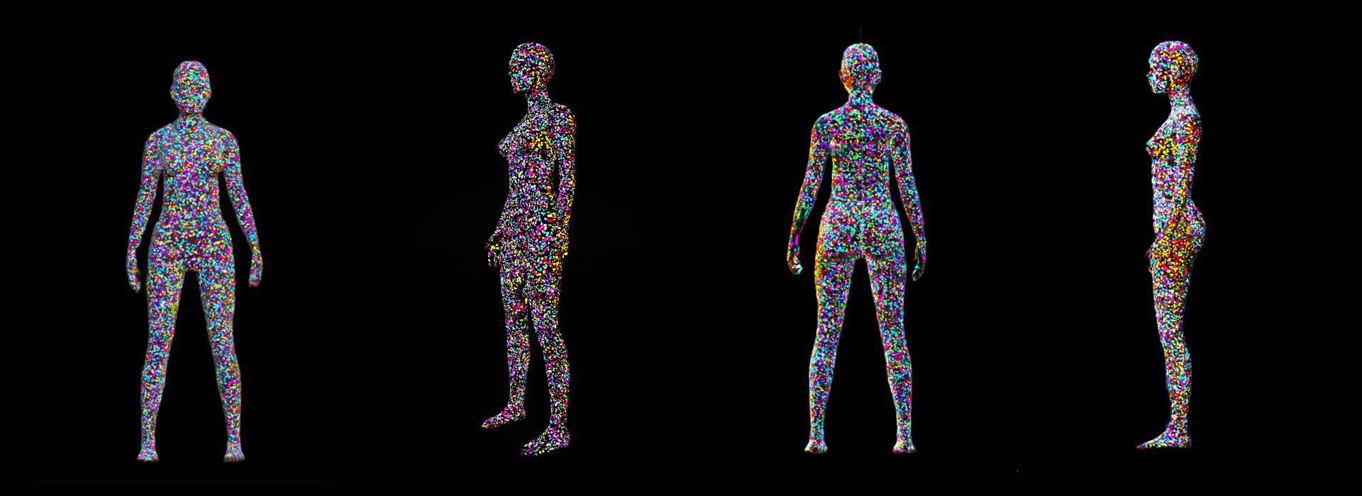 Układ 4 kolorowych modeli ludzkiego ciała na czarnym tle. Ta sama forma ludzkiego ciała zbudowana z kolorowych punktów ukazana zostaje z 4 stron, od przodu, tyłu, boku i ¾.