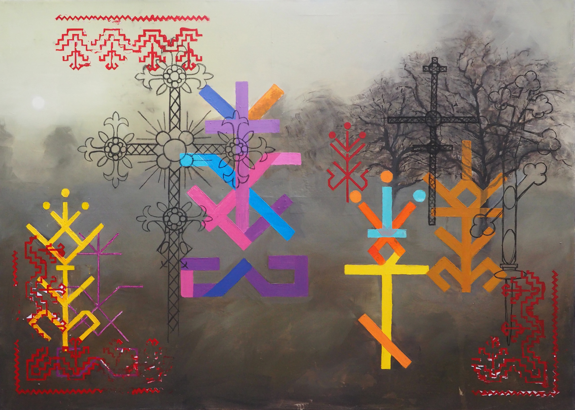 Zamglony pejzaż z czarnymi drzewami. Pejzaż stanowi tło obrazu. Na pierwszym planie znajdują się krzyże łemkowskie i bojkowskie. Krzyże przedstawione są graficznie. Mają żywe barwy. Trzy z nich są czarne. W trzech rogach znajduje się czerwony wzór geometryczny.