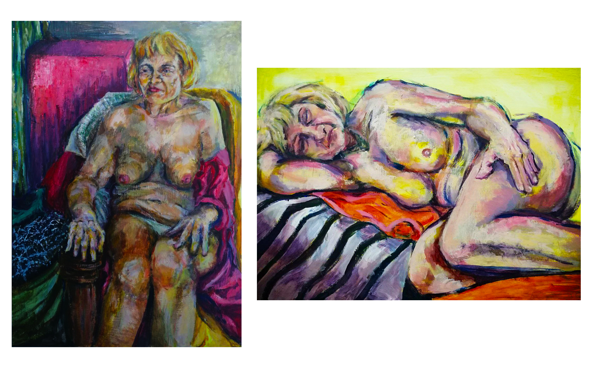 Grafika zawiera dwa studia postaci kobiety - jedna w fotelu przy różowym postumencie, druga leżąca na materiale w paski z żółtym tłem. 