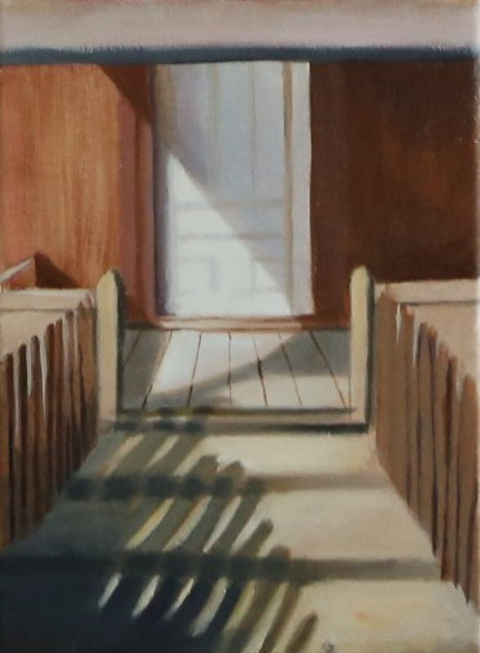 Obraz przedstawia fragment przestrzeni ze schodami i drzwiami z zachowaniem symetrycznej kompozycji.