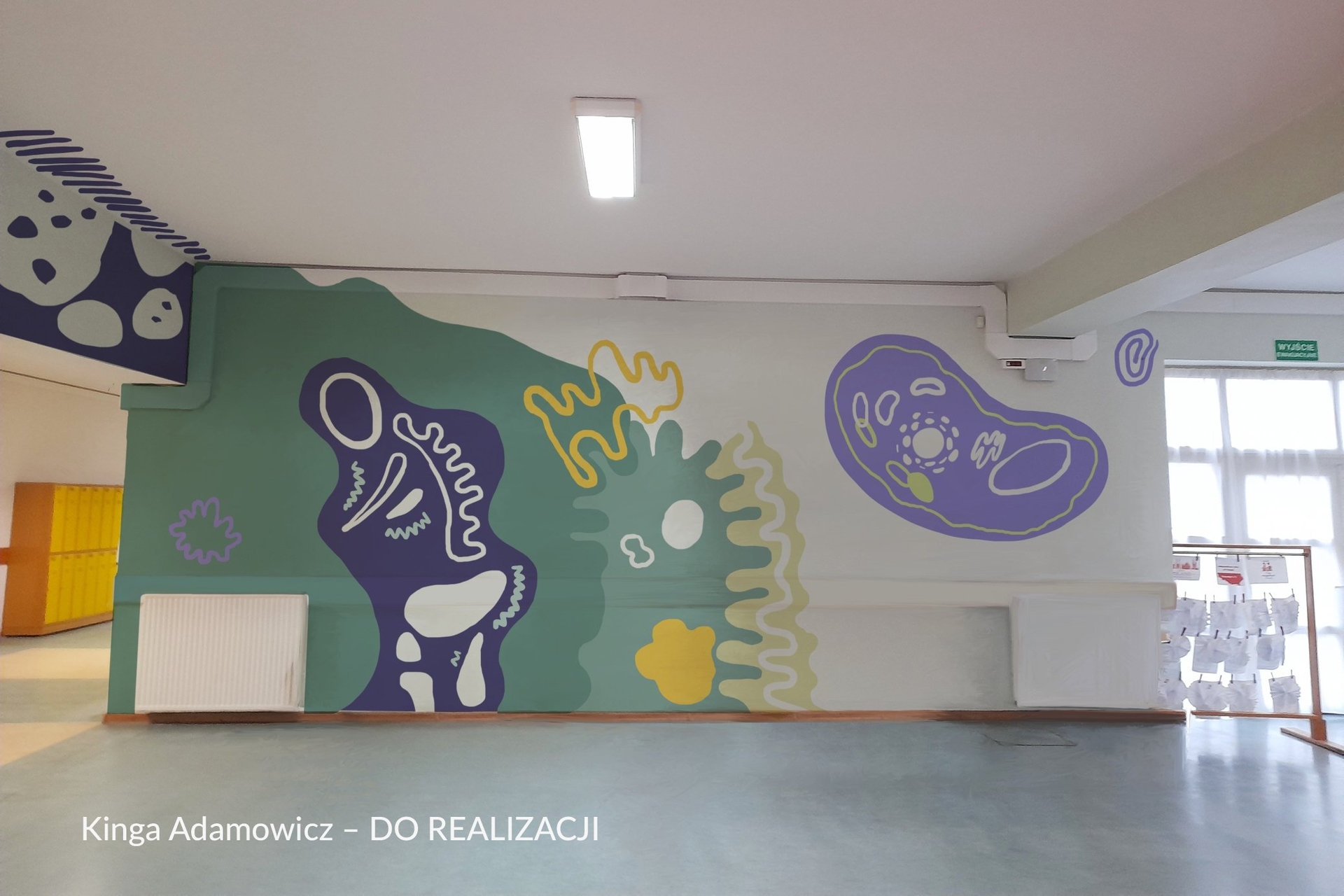 Wizualizacja muralu w Samorządowej Szkole Podstawowej im. Polskich Noblistów w Nowym Folwarku, na podstawie projektu Kingi Adamowicz. Mural przedstawia atrybuty różnych nauk i literatury; dziedzin, w których obywatele Polski otrzymali Nagrodę Nobla. Dominuje oliwkowa zieleń, żółć i fiolet.