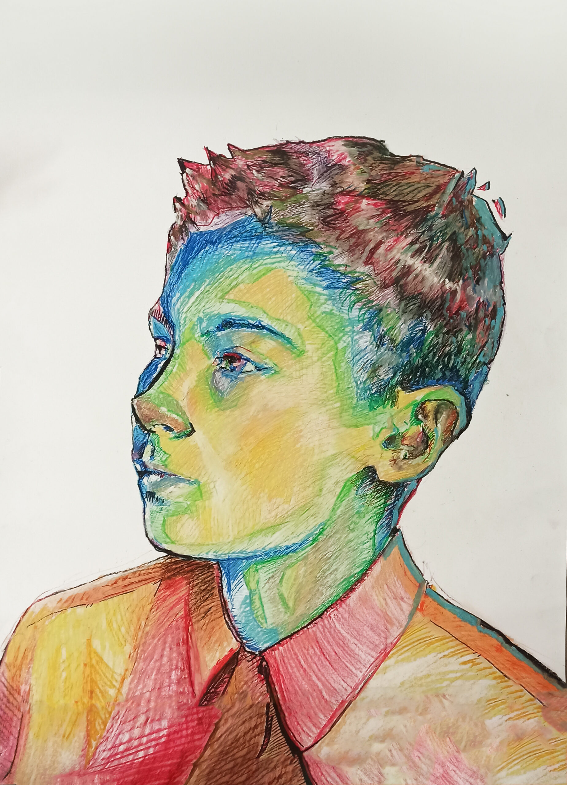 Portret ujętego profilem lewym do widza chłopca o żółto-zielono-niebieskiej twarzy (gdzie tony ciepłe to światło od strony widza). Sieć wielobarwnych kresek sugestywnie buduje tkankę jego włosów i czerwono-pomarańczową koszulę.