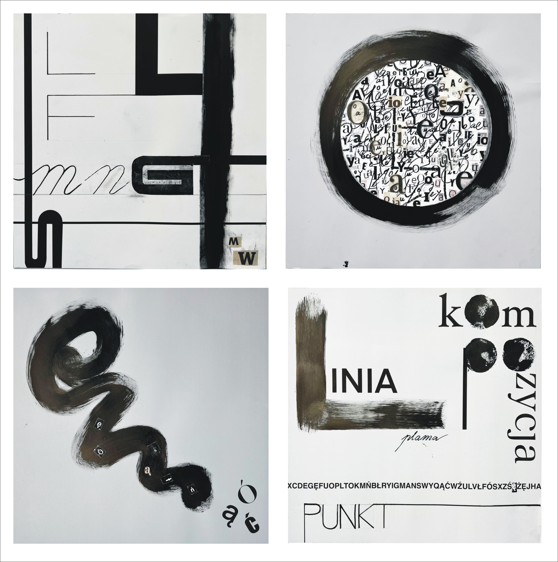 Cztery obrazy liternicze, w formacie kwadratu, monochromatyczne kolaże literowe, pismo ręczne, komputerowe, wydruki na sztywnym podkładzie  