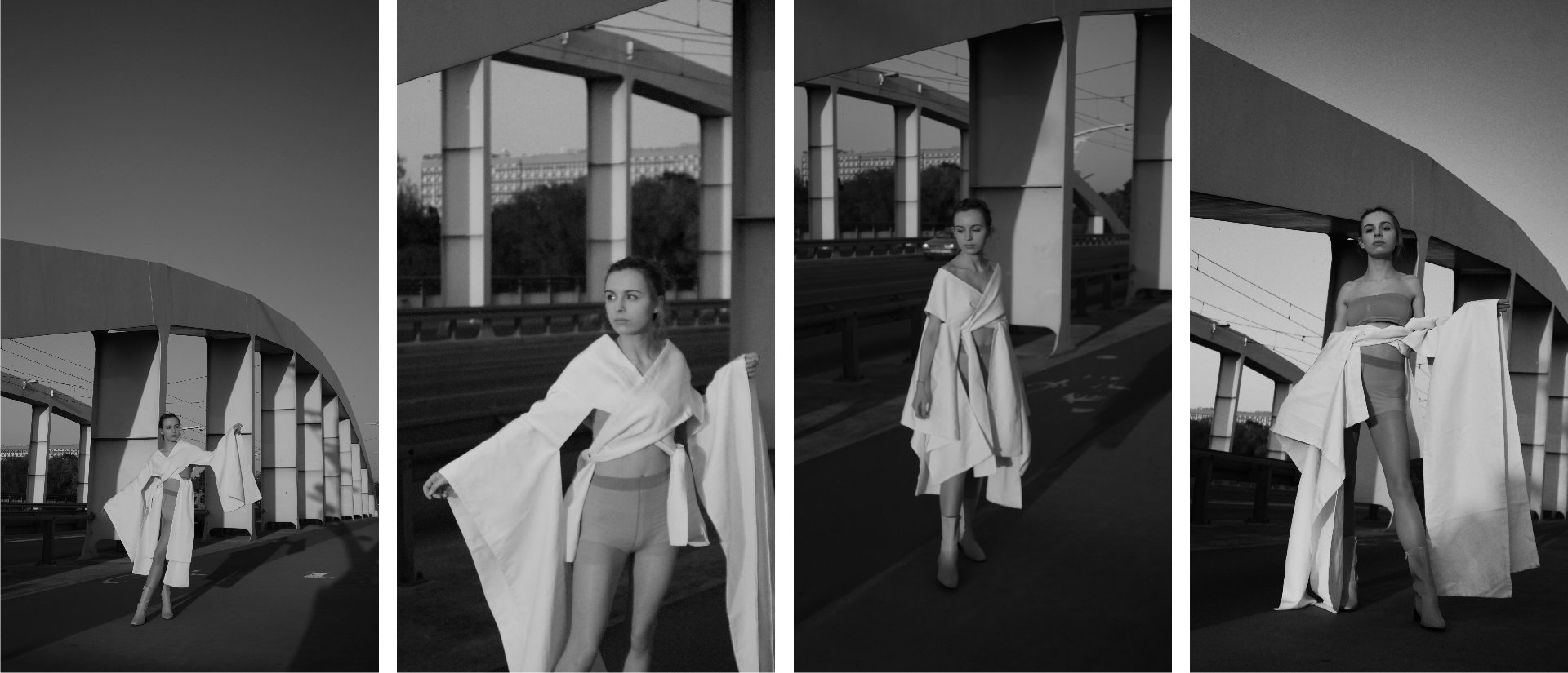 Cztery zdjęcia modelki w białych prostokątnych formach okrywających ramiona lub biodra. Tłem jest architektura mostu.