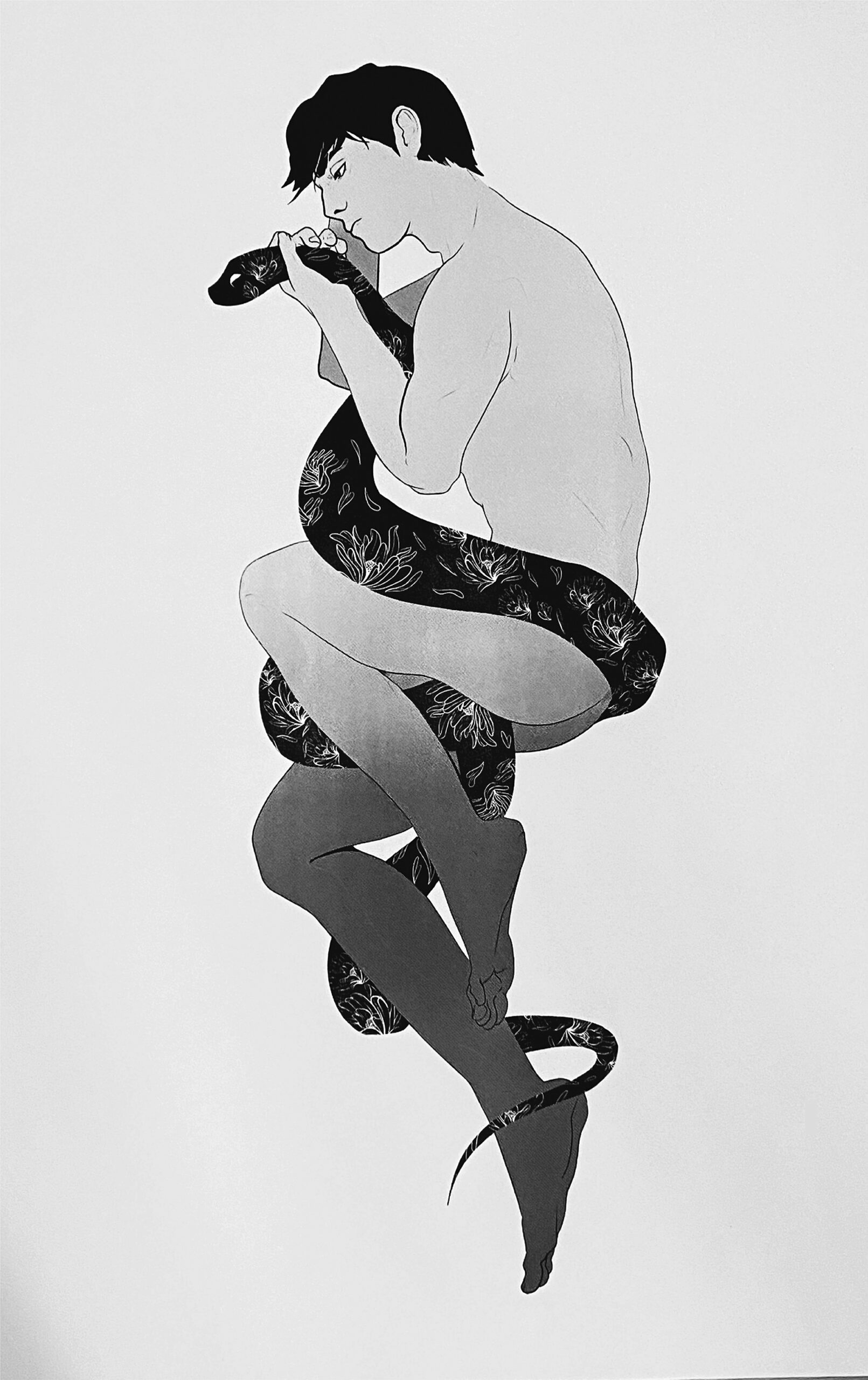Obraz przedstawia rysunek nagiego mężczyzny splątanego z wężem. Obraz jest czarno biały