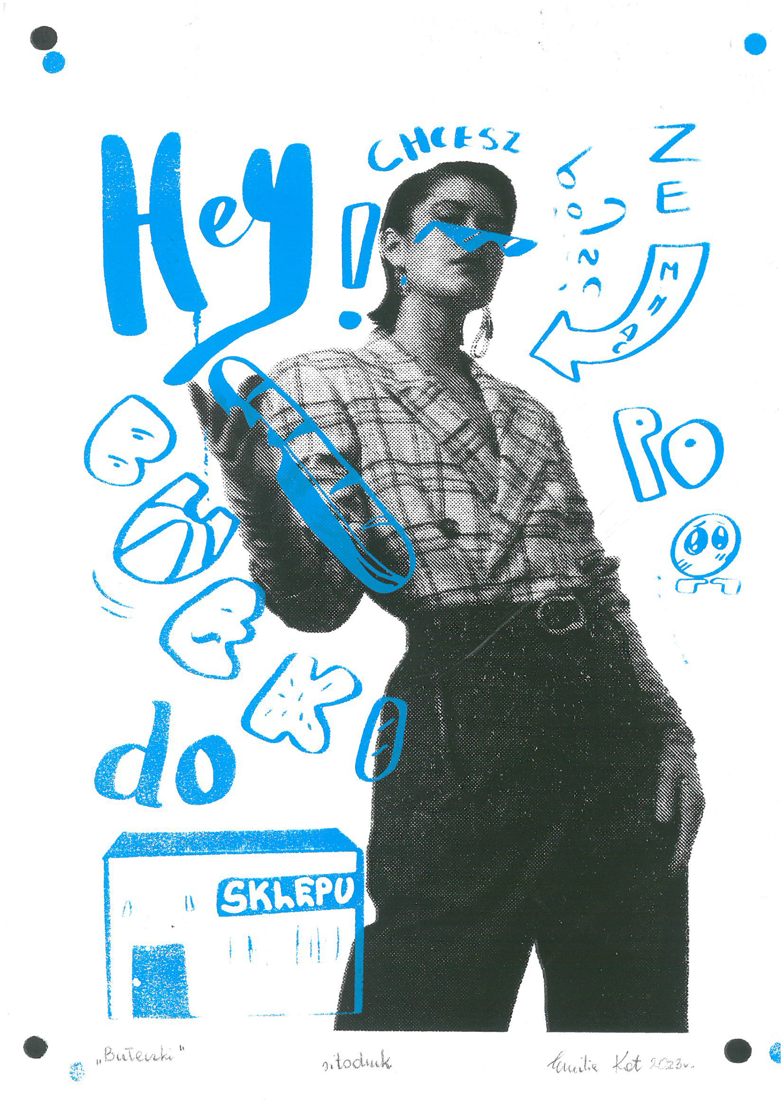 Grafika przedstawia stojącą osobę, wokół niej niebieskie odręczne napisy