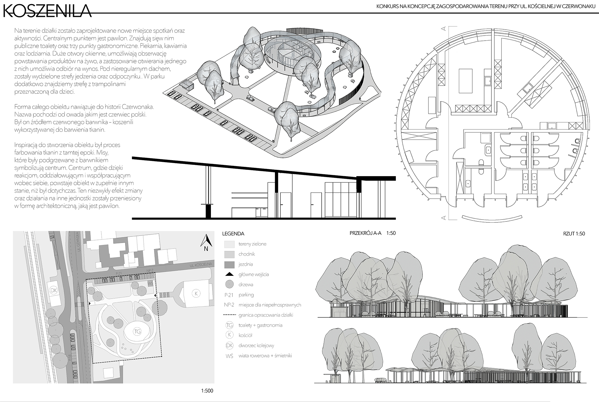 Koncepcyjny projekt konkursowy KOSZENILA - terenu w przestrzeni otwartej zlokalizowanej przy ulicy Kościelnej w Czerwonaku zawierający rzuty, kłady i układ aksonometryczny pawilonu wchodzącego w skład całego założenia.