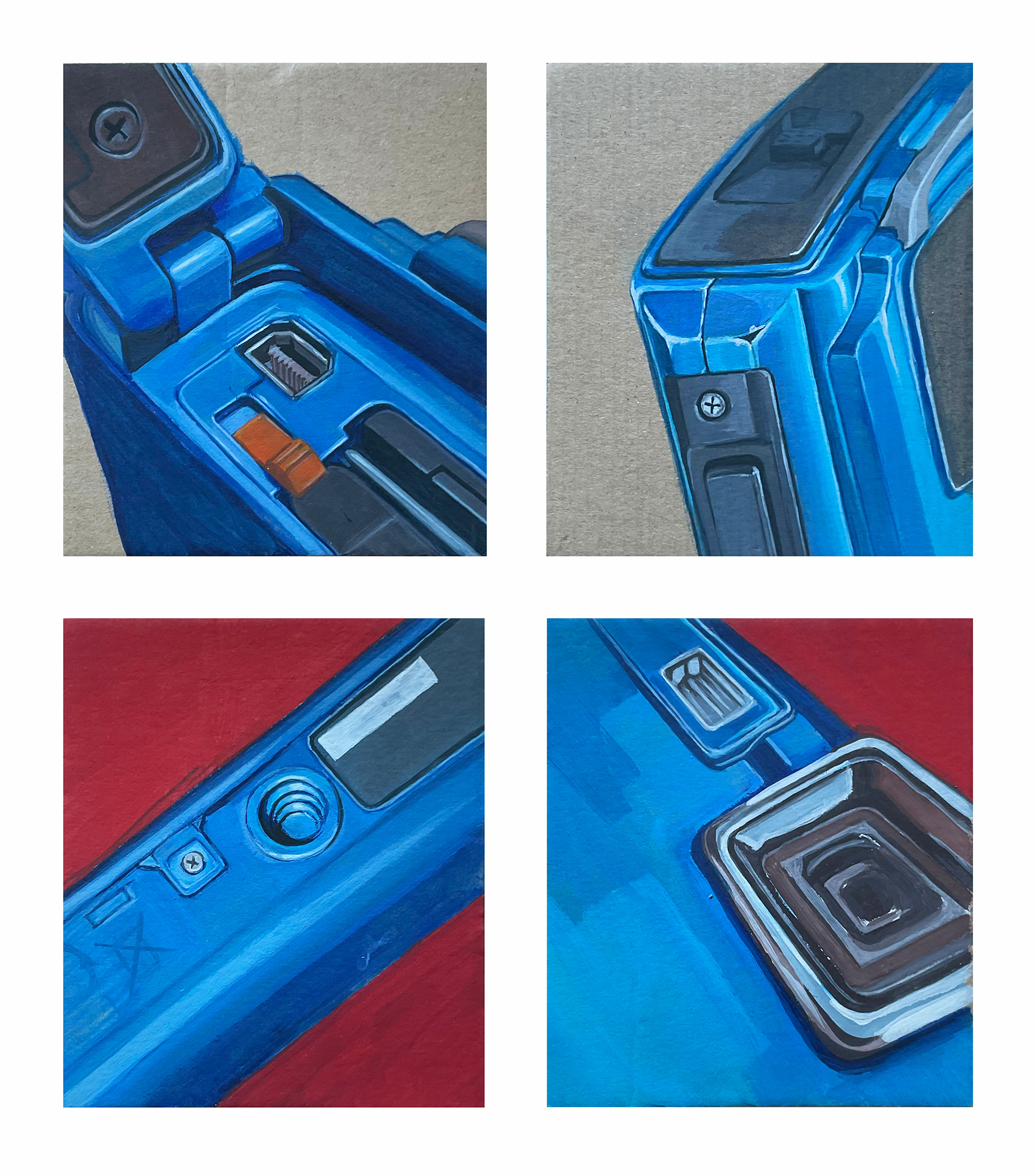 Zdjęcie przedstawia cztery prace z detalami aparatu fotograficznego w kolorze szaro-bordowo niebieskim 