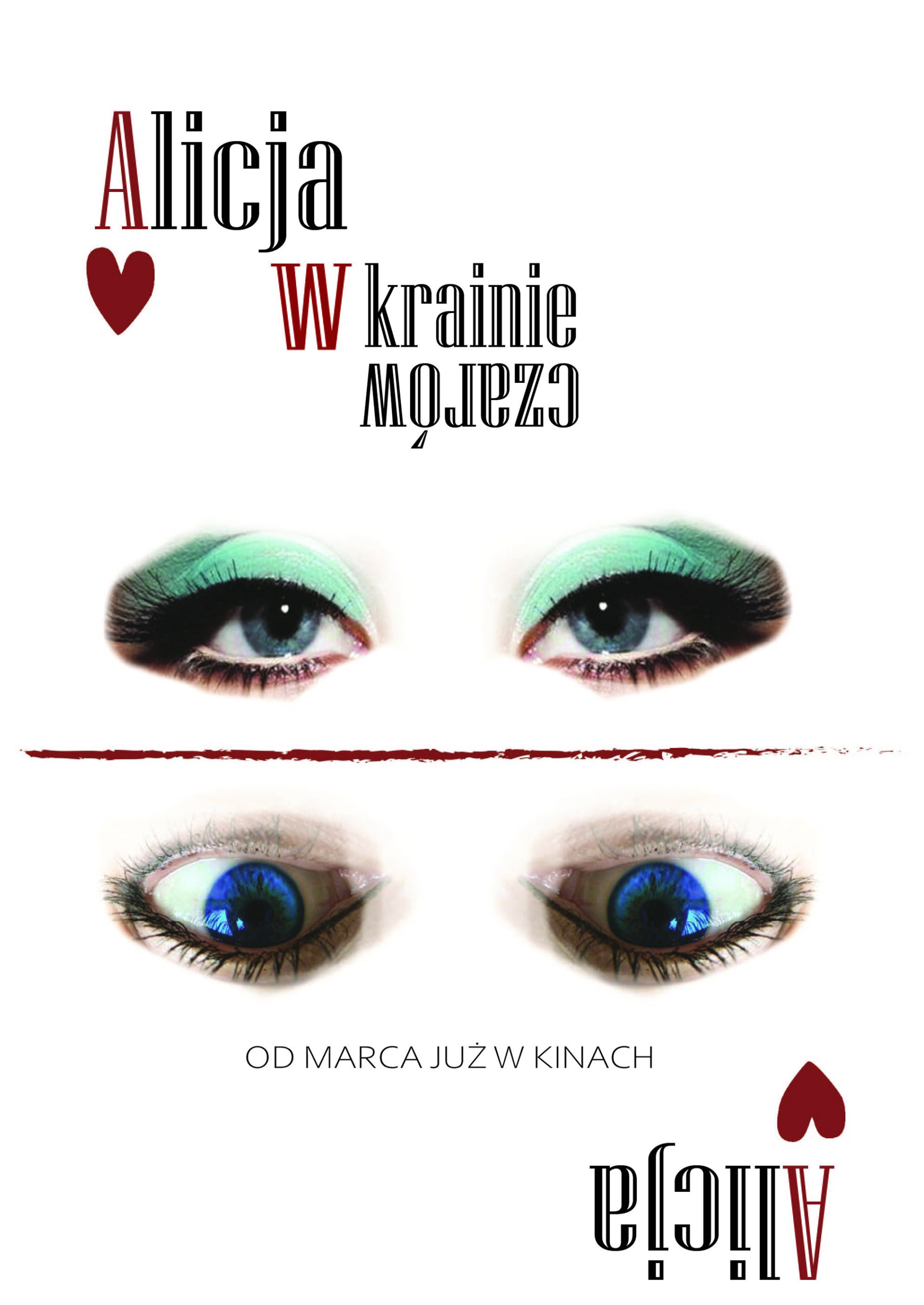 Projekt plakatu, dwie pary oczu w odbiciu lustrzanym, białe tło