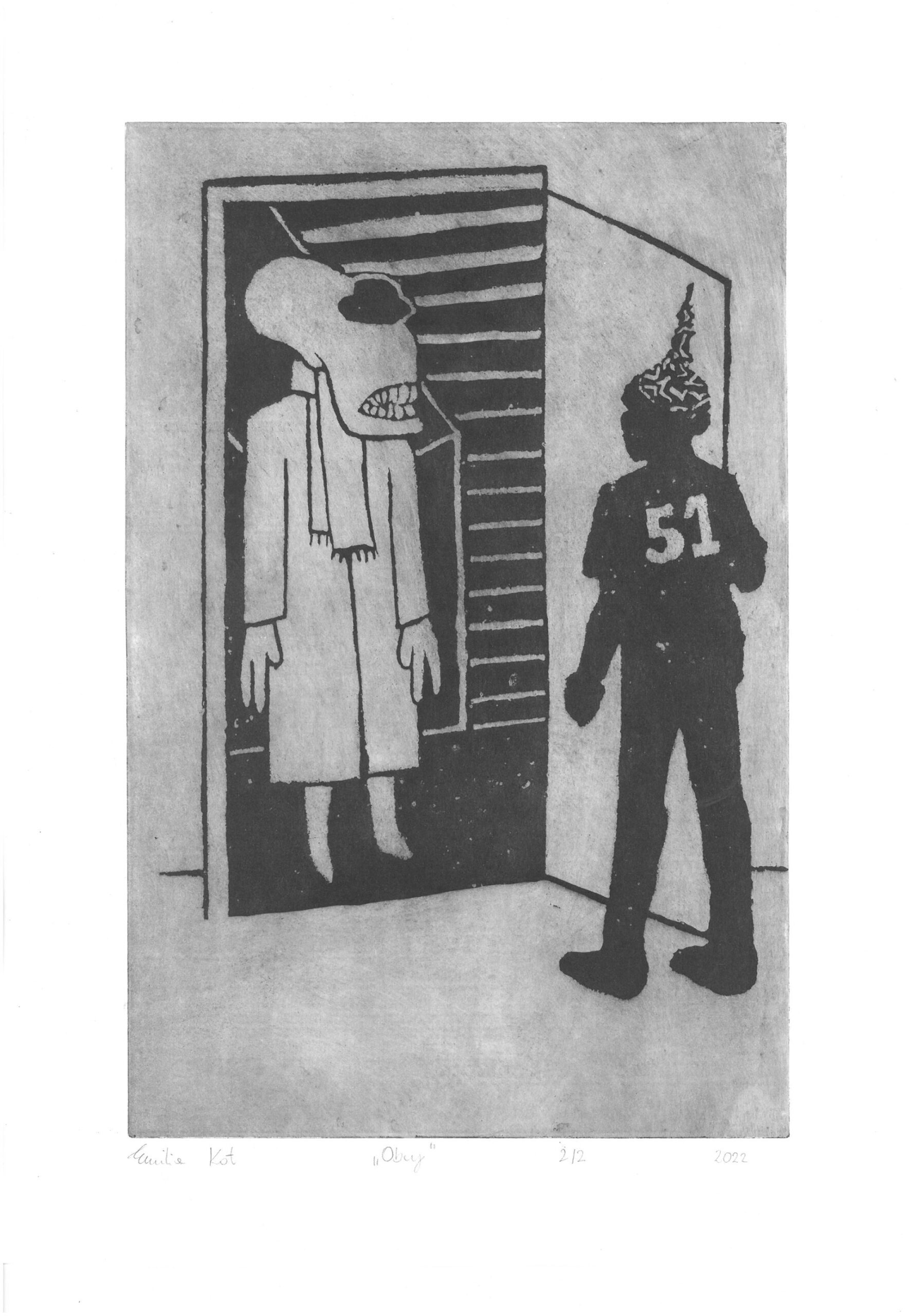 Grafika przedstawia postać stojącą w progu drzwi, zwróconą w kierunku drugiej postaci