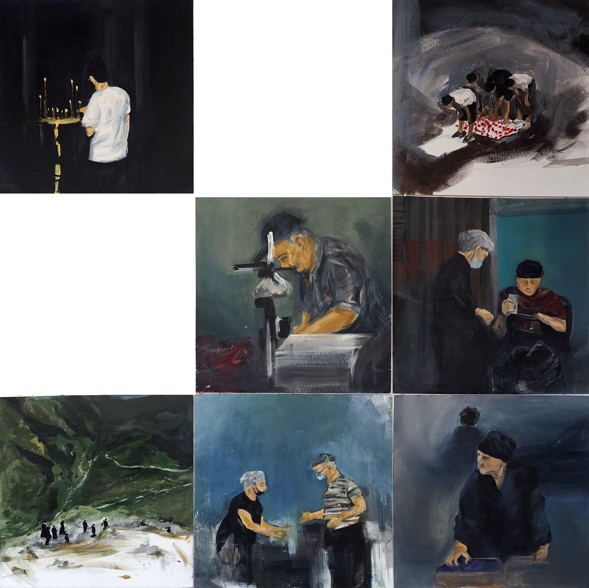 Siedem obrazów kwadratowych umieszczonych na siatce kwadratu. Każdy obraz przedstawia scenę rodzajową z Gruzji. Obrazy są wykonane w chłodnych barwach. Przeważają barwy niebieskie i szare. Trzy obrazy przedstawiają portrety indywidualne.