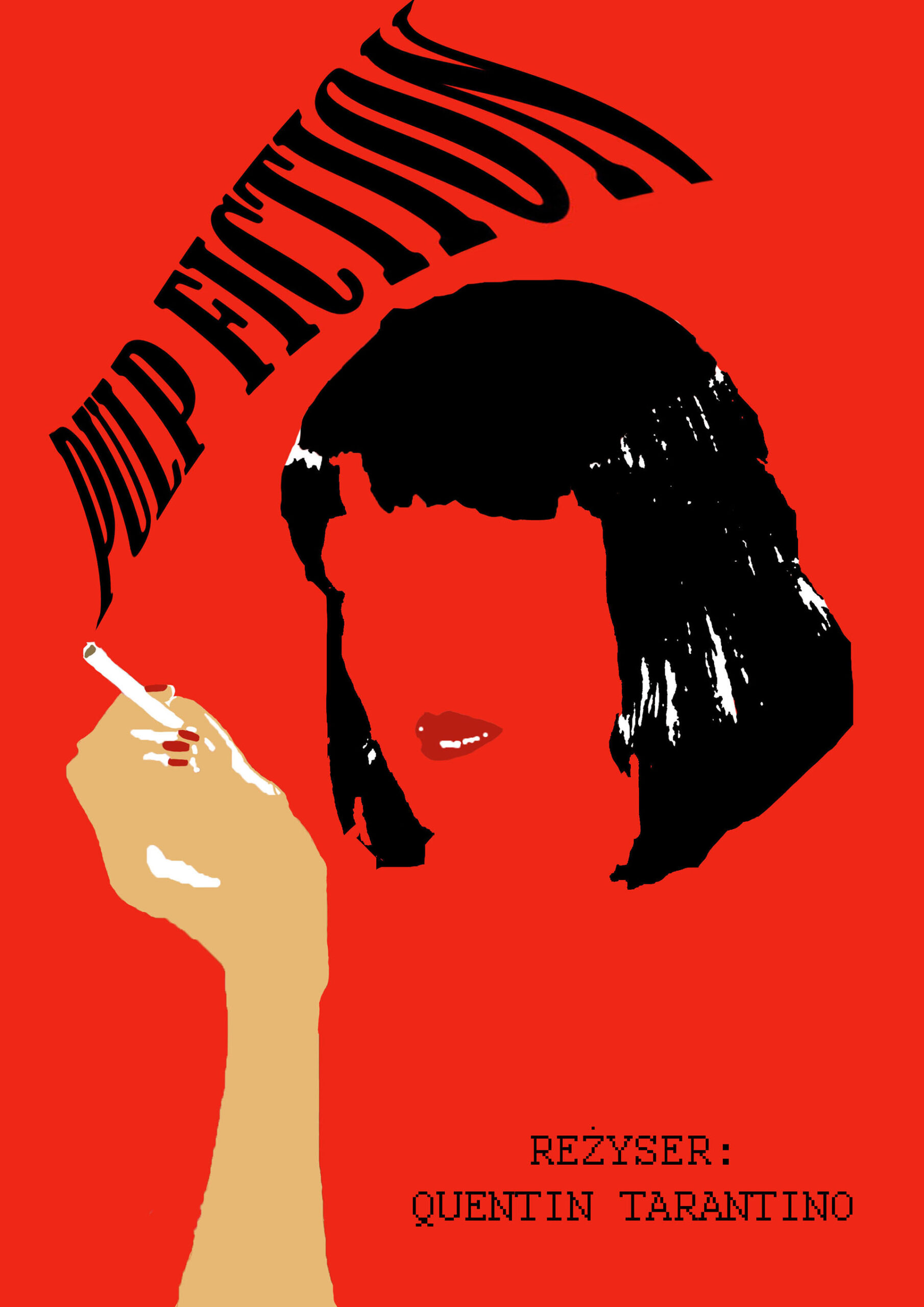 Projekt plakatu, zarys postaci kobiecej w czarnych, prostych włosach, z papierosem, czerwone tło