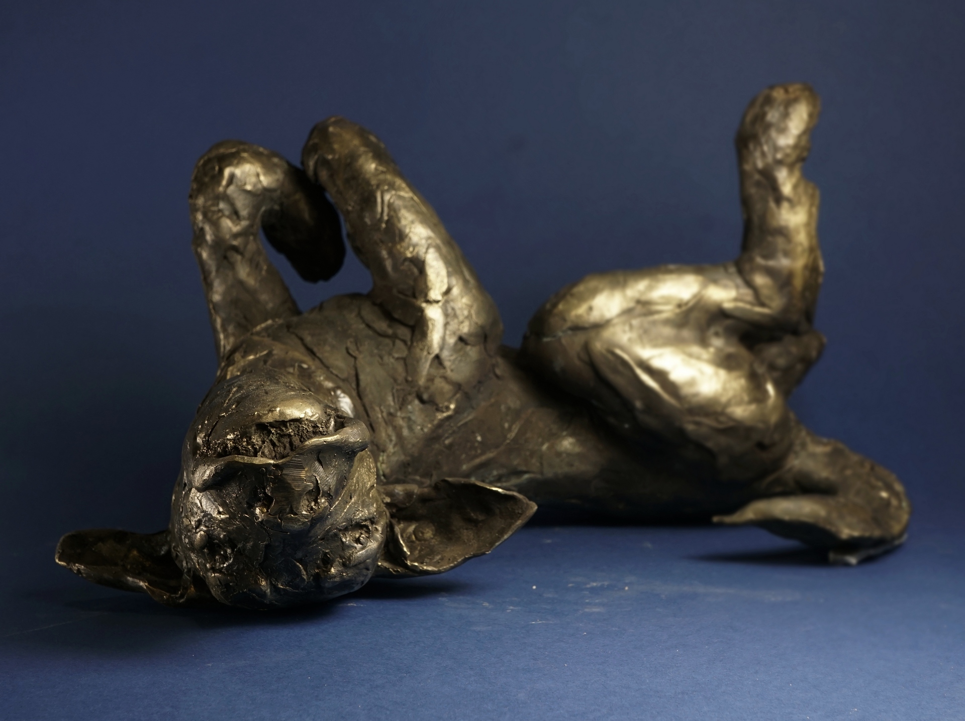 Weronika Andrzejak - zdjęcie przedstawia rzeźbę psa leżącego na plecach w radosnej pozie zabawy wykonanego z mosiądzu w złoto brązowej patynie.