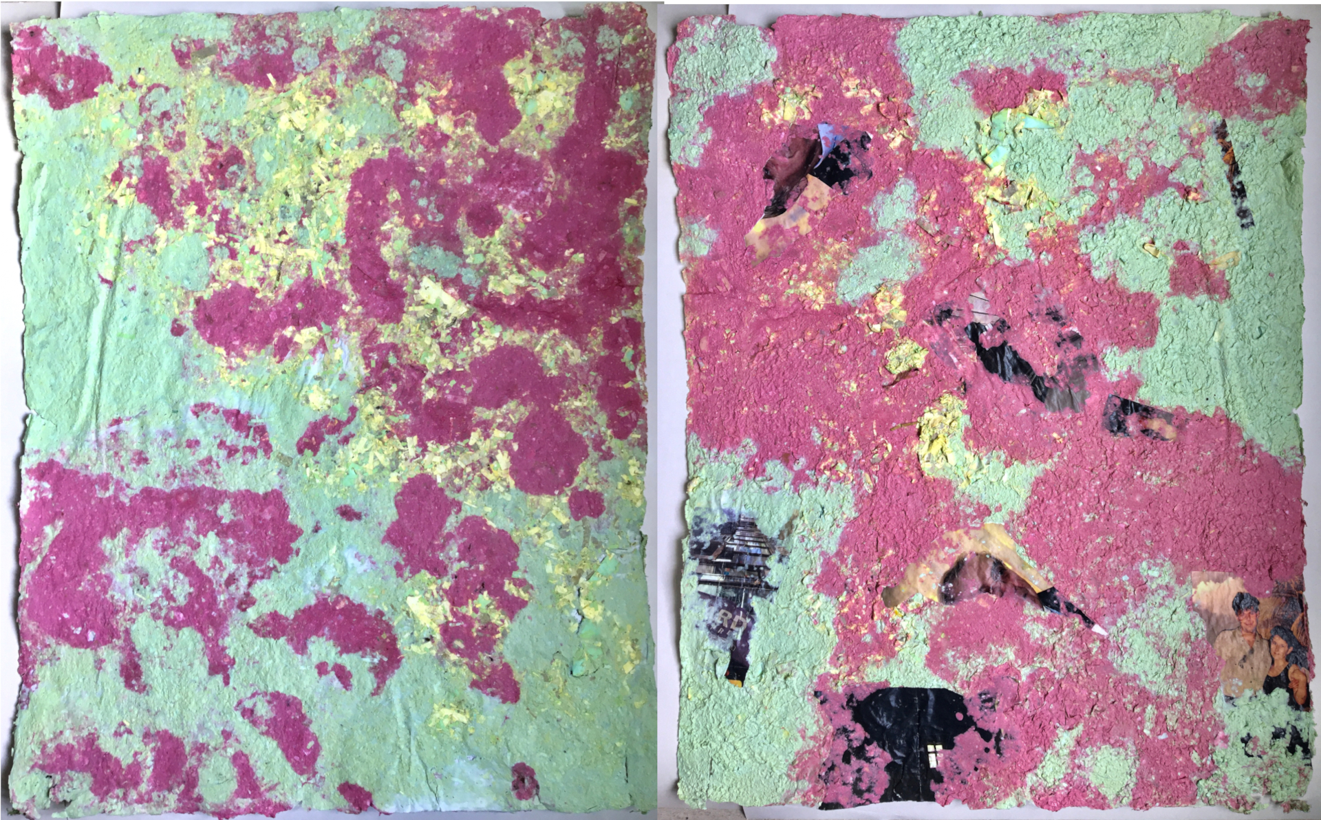 Dwa widoki wielkoformatowych papierów czerpanych w kolorze różu i zieleni przedstawiających abstrakcyjne kształty