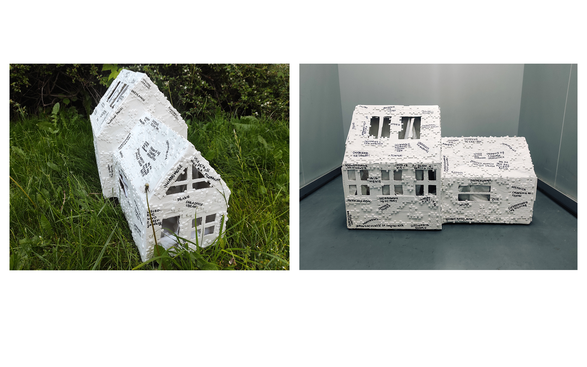Dokumentacja instalacji w formie białego domu z puzzlami oraz czarnymi odręcznymi napisami. 