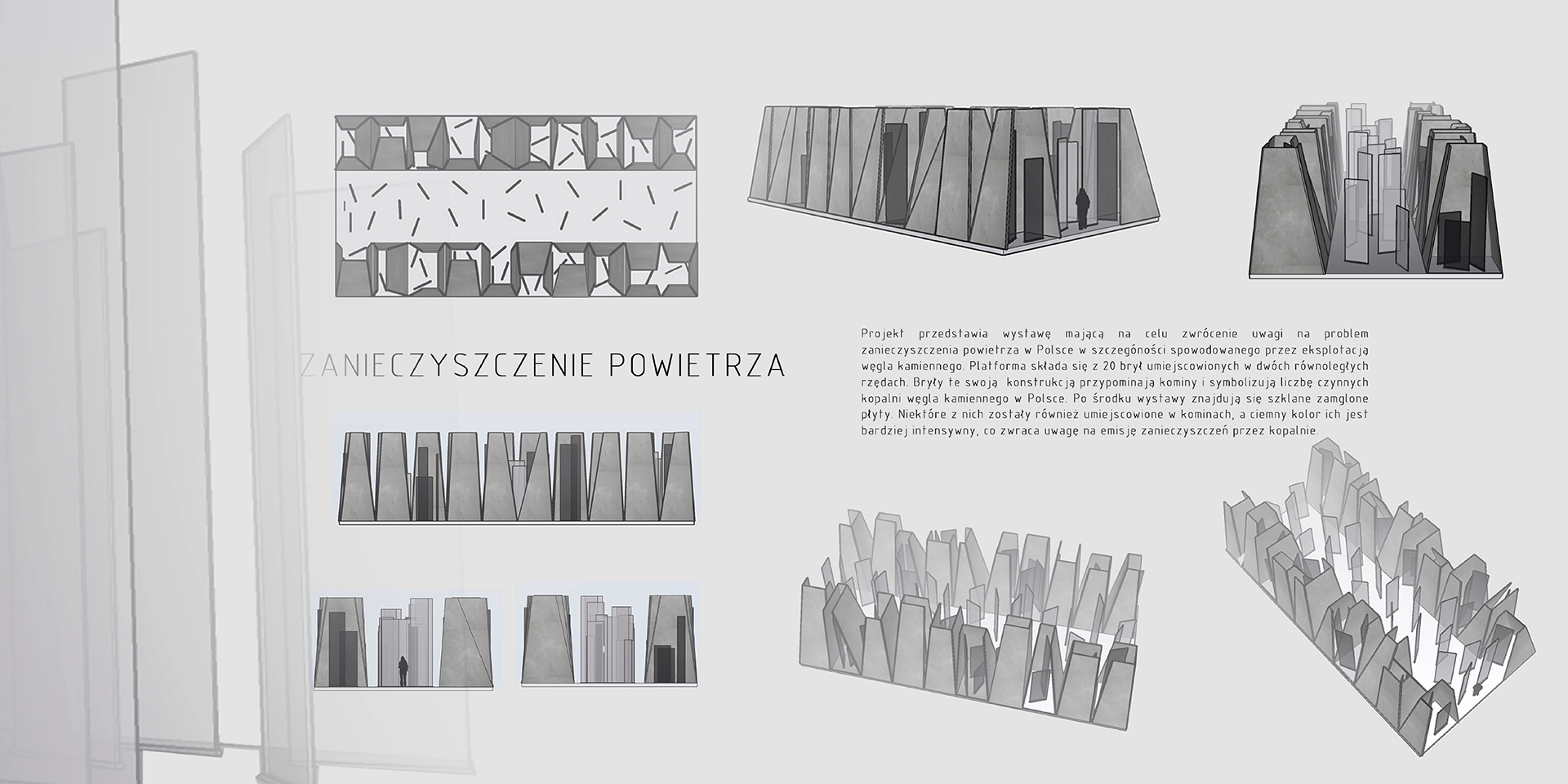 26. Plansza prezentuje projekt wystawy zewnętrznej związanej z zanieczyszczeniem powietrza. Pozioma kompozycja planszy przedstawia po lewej stronie kolorowe widoki oraz rzut. Następnie po lewej cztery barwne wizualizacje wraz z opisem projektu. 
