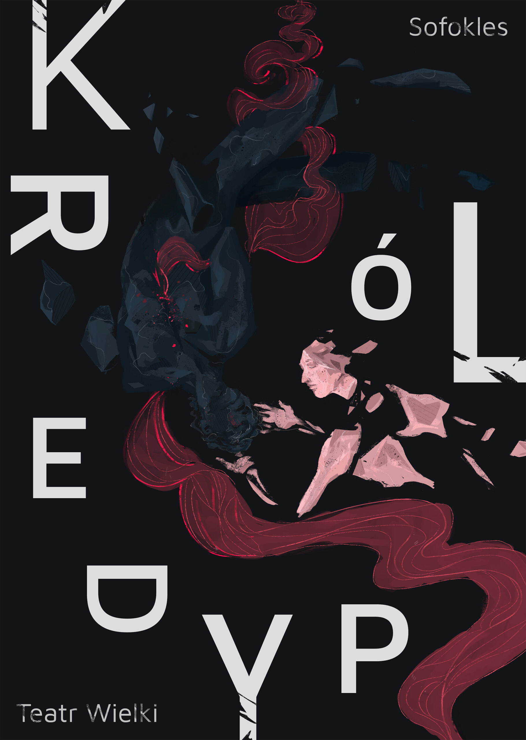 Projekt plakatu Król Edyp, grafika z zakomponowaną typografią, czarne tło