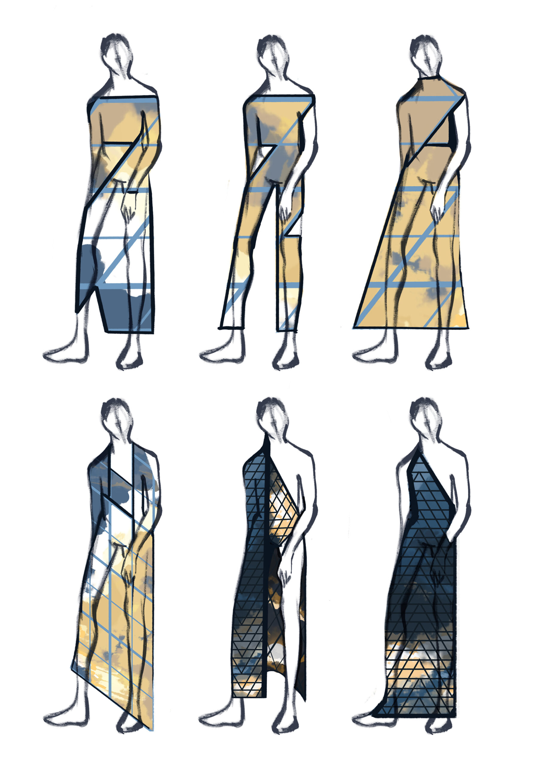 Zestaw sześciu narysowanych sylwetek w sukniach o geometrycznych kształtach i wzorach w odcieniach zgaszonej żółcieni i niebieskości.