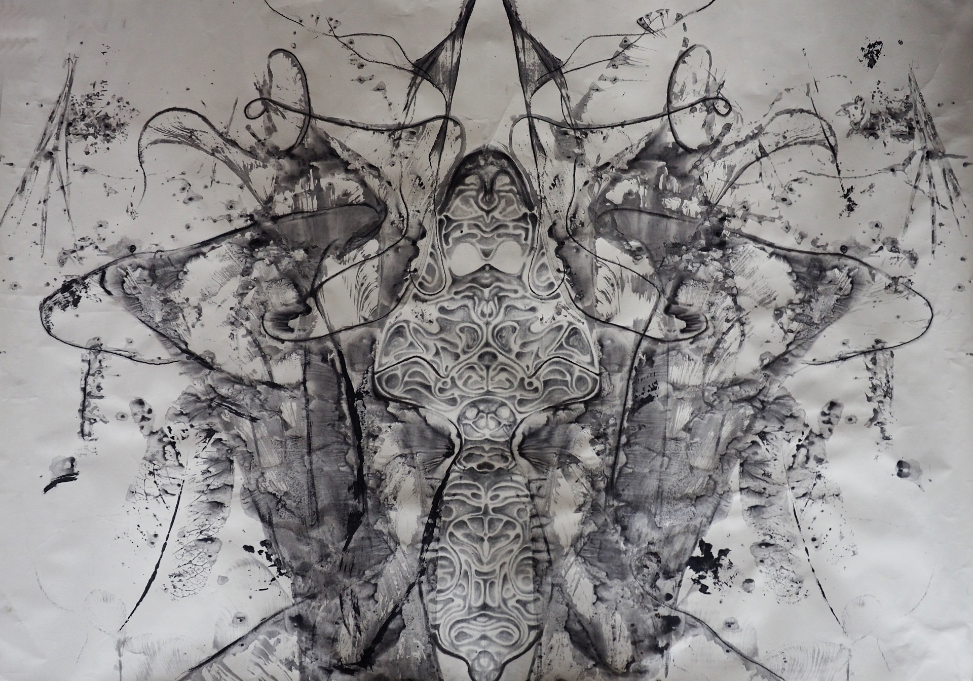 Rysunek abstrakcyjny wykonany z czarnych linii. Przypomina motyla. Animalistyczna forma jest w centralnej części obrazu. Całość jest symetryczna i przypomina lustrzane odbicie.