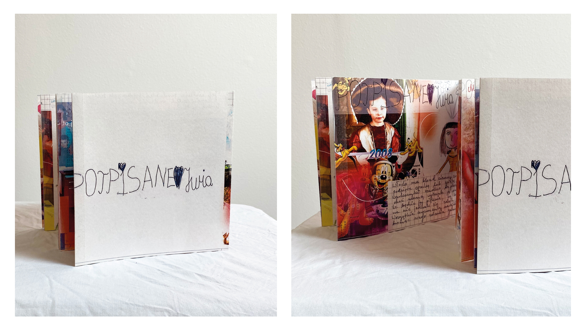Dwa zdjęcia książeczki typu harmonijka. Zdjęcie z lewej strony 	ukazuje okładkę z napisem PODPISANO JULIA, a fotografia z prawej to zbliżenie na wnętrze książki ukazujące foto-kolaż z 	kolorowych rysunków dziecięcych i wizerunków znanych z popkultury 	lat 90-tych.