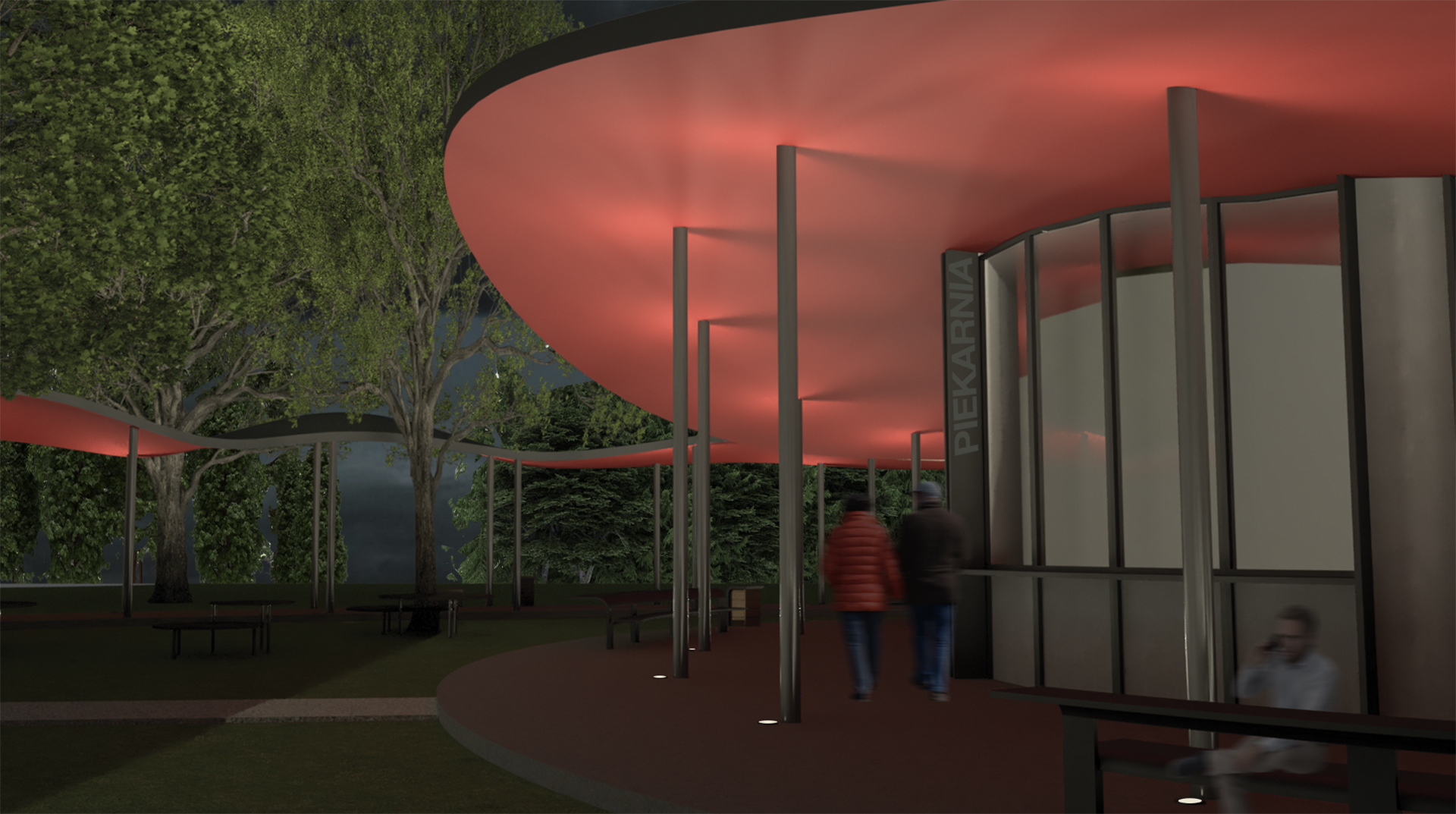Barwna wizualizacja widoku nocnego fragmentu parku oraz fasady frontowej pawilonu gastronomicznego.