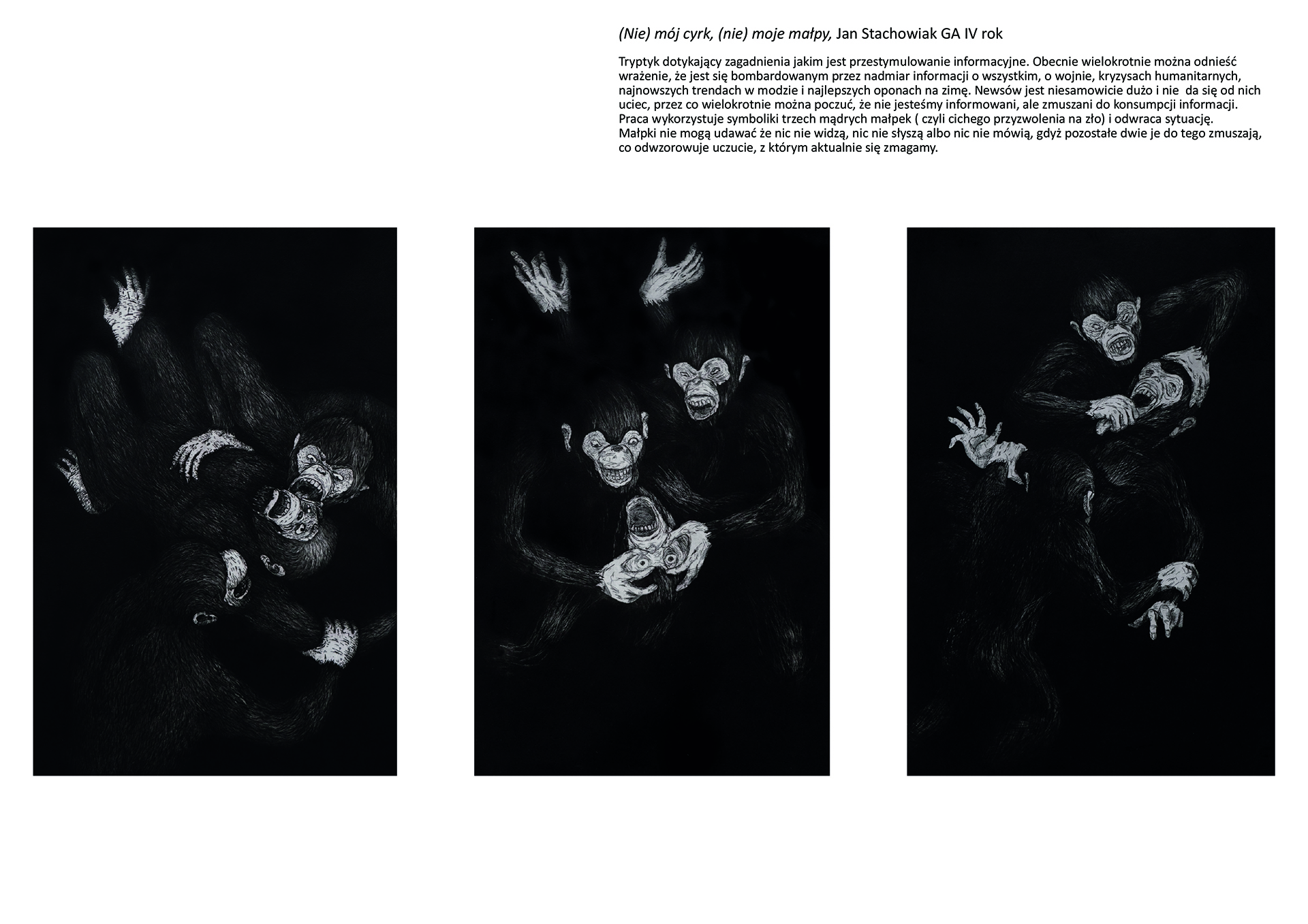 Tytuł: (Nie) mój cyrk, (nie) moje małpy. Autor: Jan Stachowiak. Trzy grafiki w skali szarości przedstawiające grupę trzech małp na każdej, kolejno: gryzące się wzajemnie, wydłubujące sobie nawzajem oczy, ciągnące siebie nawzajem za język. 