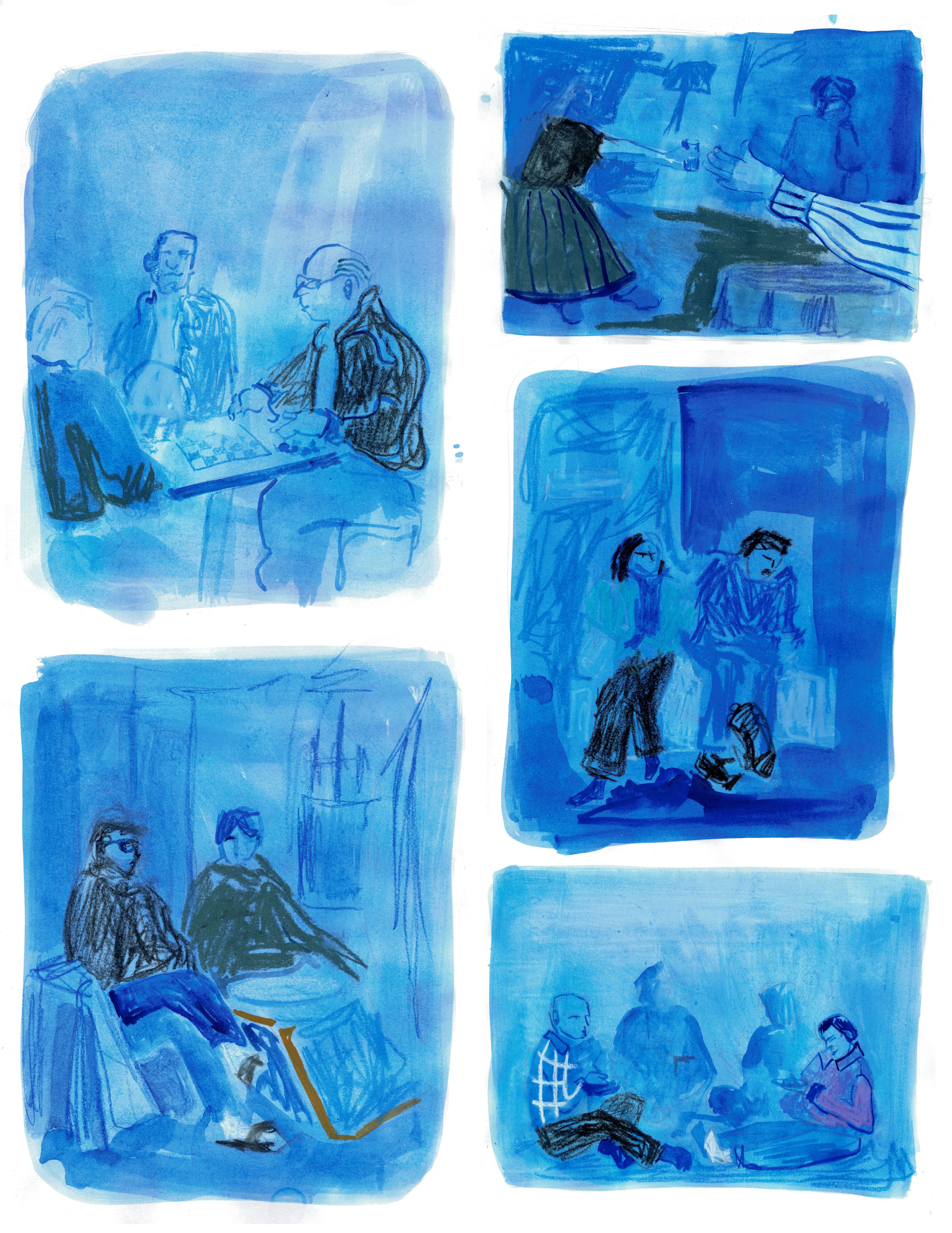 Kompilacja pięciu rysunków ze szkicownika. W błękitnych kadrach widnieją sceny z wnętrz mieszkalnych, lokali, których bohaterami są ludzie i interakcje między nimi. Rysunki wykonane są umowną, swobodną kreską oraz plamą, mają charakter notatek wykonywanych w plenerze.