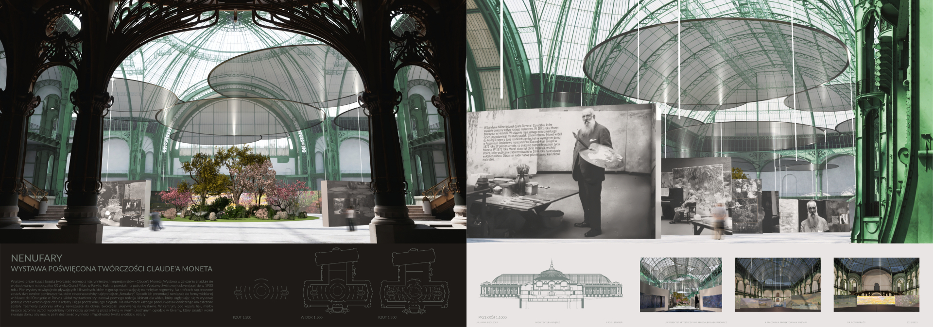 Projekt koncepcyjny wystawy czasowej poświęconej twórczości Claude’a Moneta w paryskim Grand Palais, zawierający komputerowe wizualizacje barwnych widoków perspektywicznych, ukazujących przestrzeń ekspozycji z punktu widzenia osoby zwiedzającej oraz rzut.