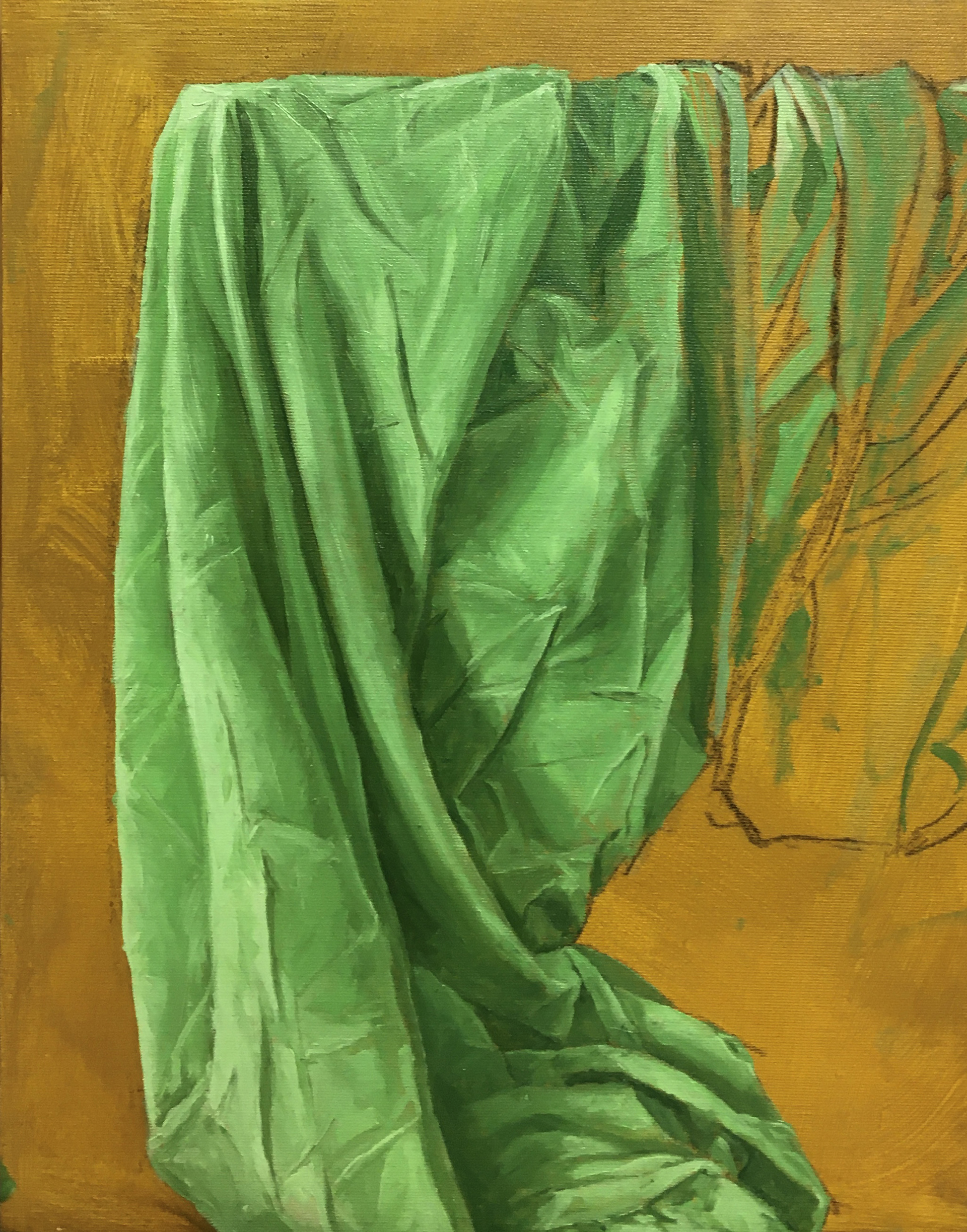 Obraz zielonej draperii na podmalówce w kolorze ochry.