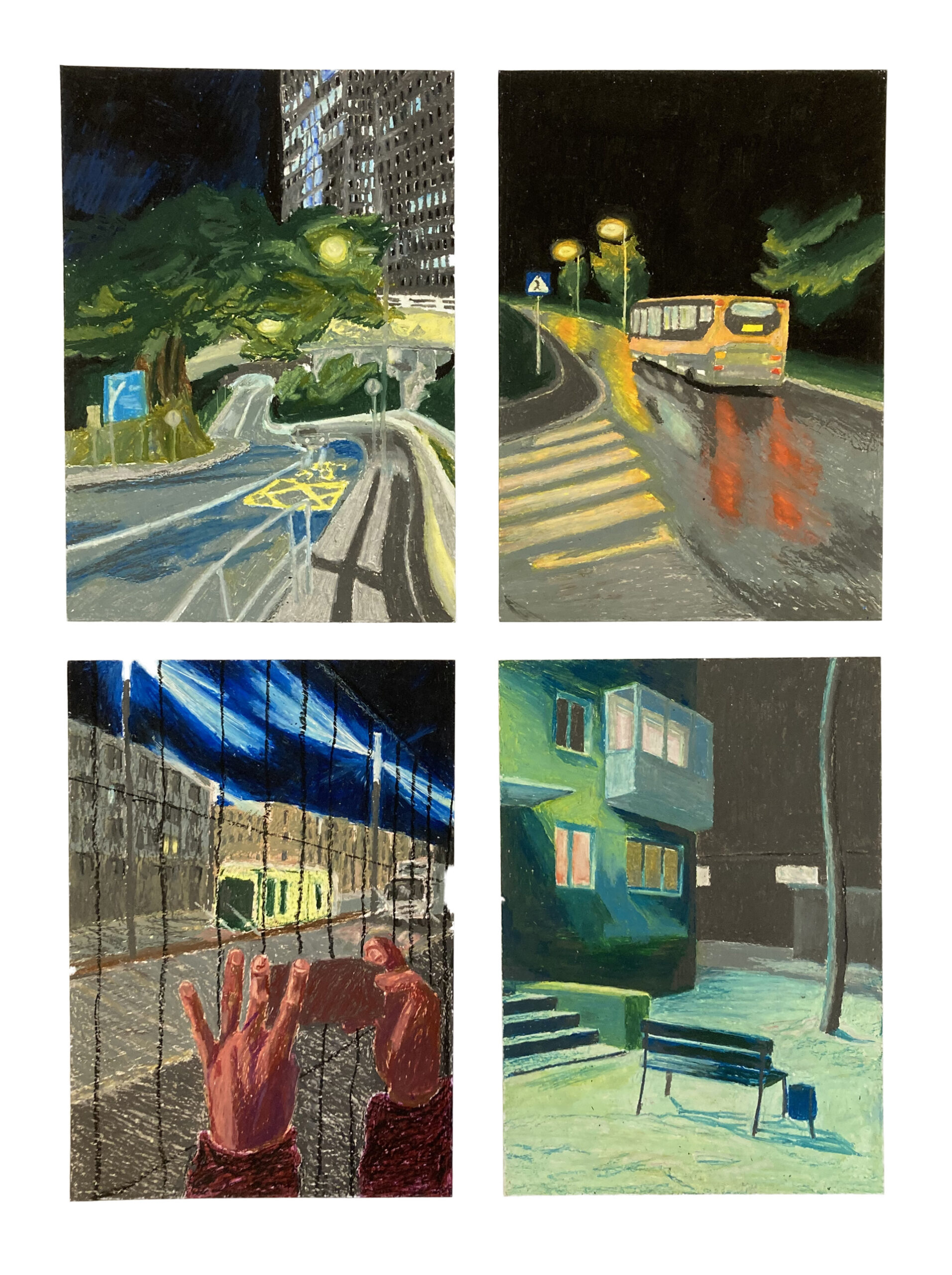 Cztery miejskie nokturny, których bohaterami są opustoszałe ulice, domy, pojazdy. Rysunki wykonane są pastelami olejnymi, analizują zagadnienia związane ze światłem i kolorem.