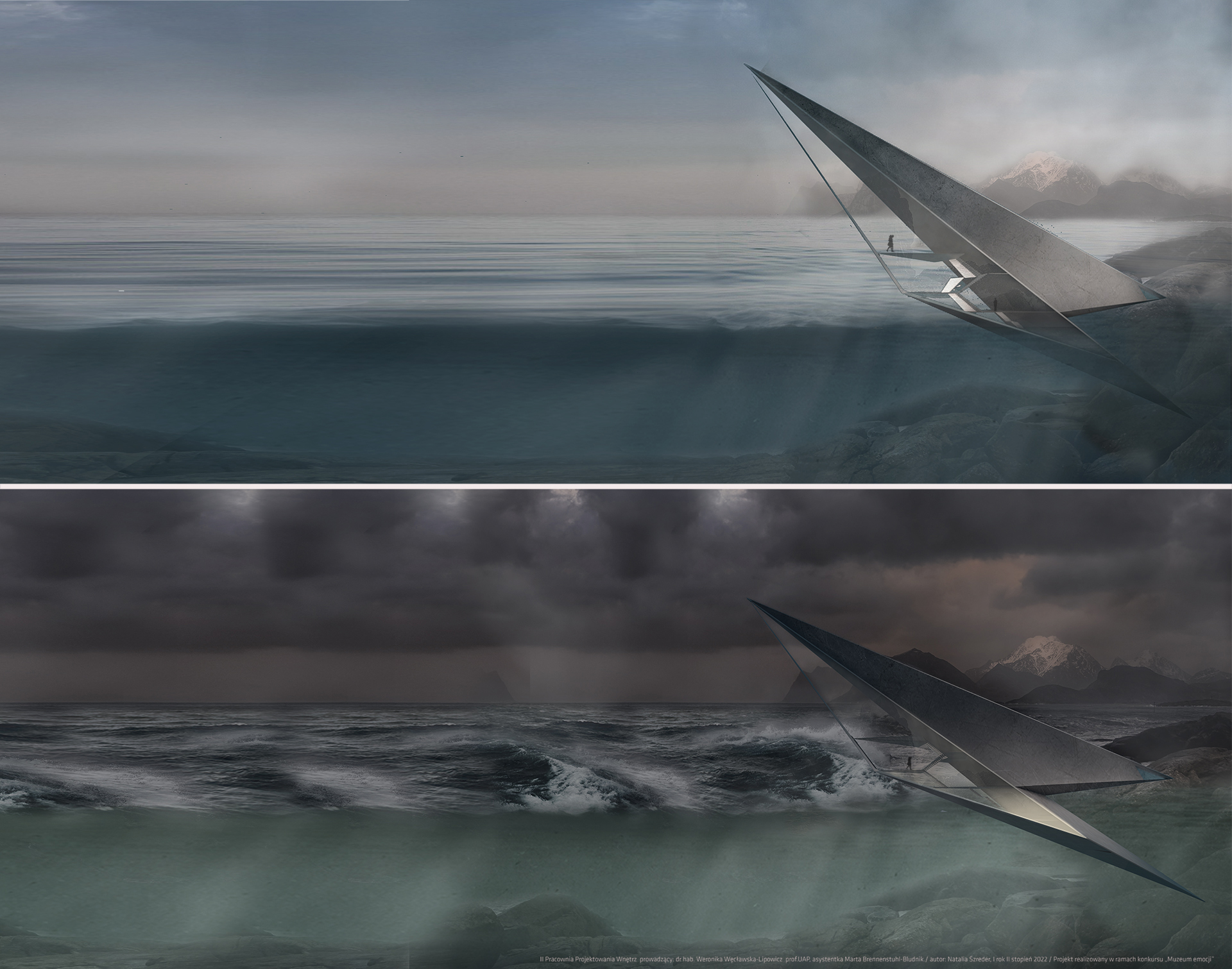 Plansza będąca odpowiedzią na temat konkursu Muzeum Emocji przedstawia bryłę owego muzeum umieszczoną w morzu. Ukazano dwie wizualizacje różnicujące krajobraz pod względem pogody. 