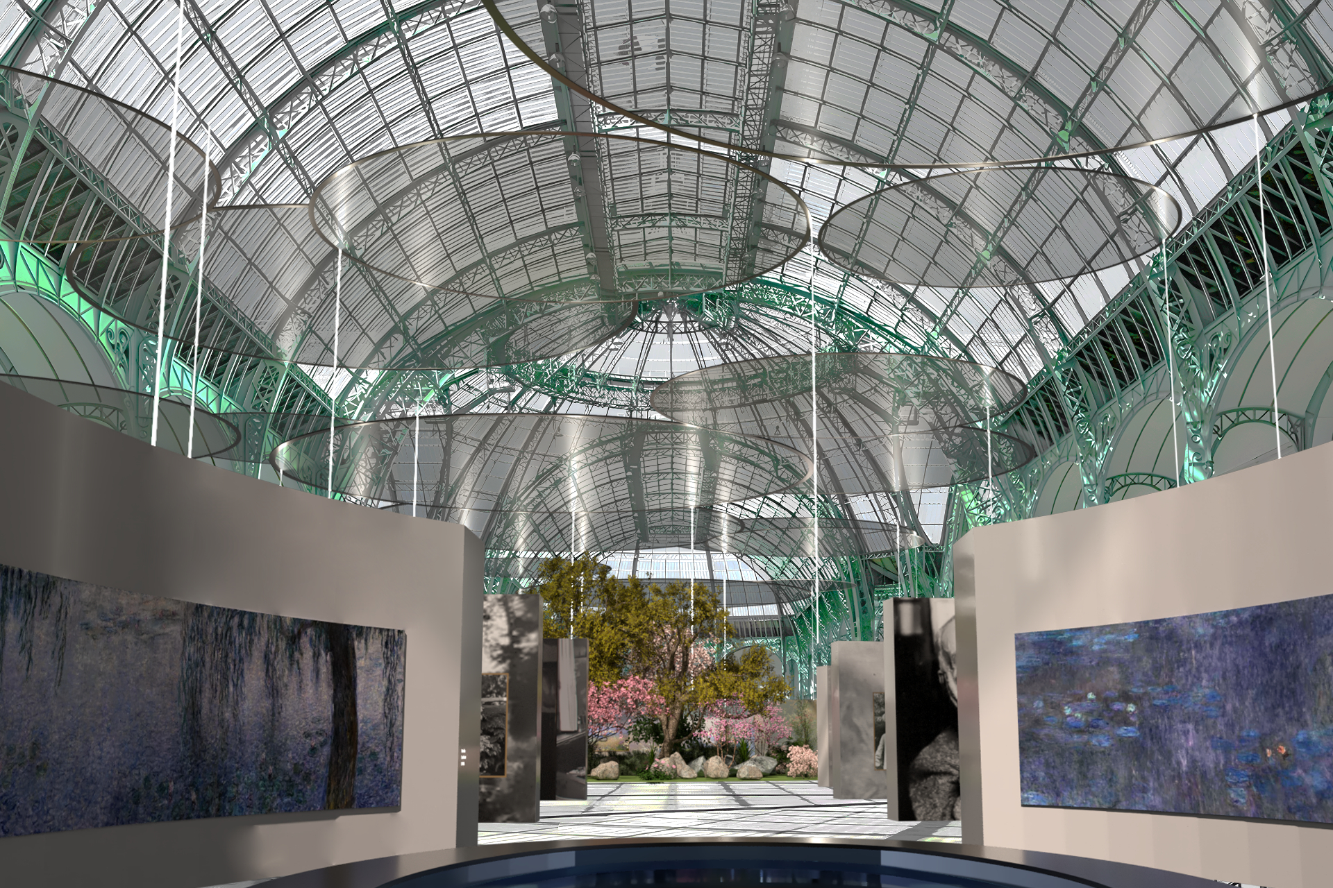 Projekt koncepcyjny wystawy czasowej poświęconej twórczości Claude’a Moneta w paryskim Grand Palais – komputerowa wizualizacja barwnego widoku perspektywicznego, ukazująca przestrzeń ekspozycji z punktu widzenia osoby zwiedzającej.
