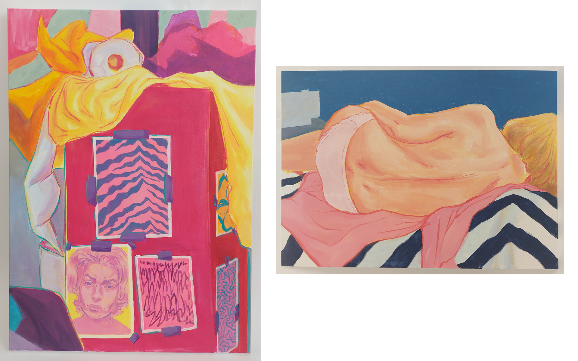 Grafika zawiera dwa obrazy: po lewej studium kolorowej martwej natury z autoportretem autorki, po prawej studium kobiety leżącej na różowym szlafroku w otoczeniu granatowych grubych pasów na materiale. 