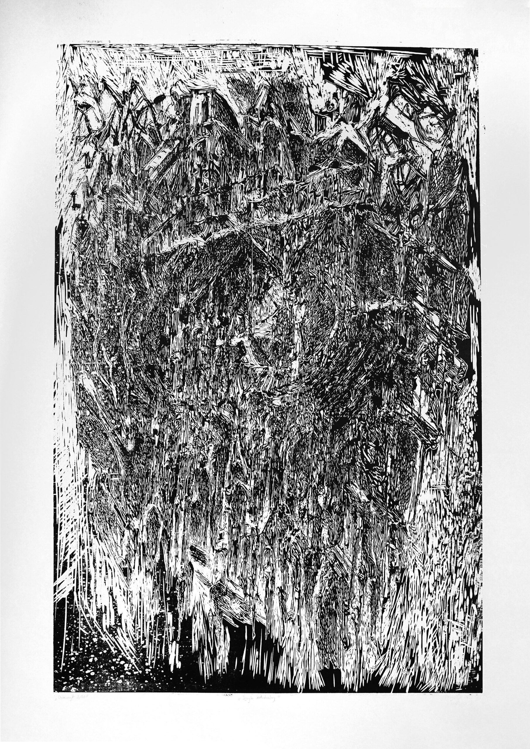  Fotografia przedstawia czarno-biały linoryt z dyrygentem unoszącym rękę.