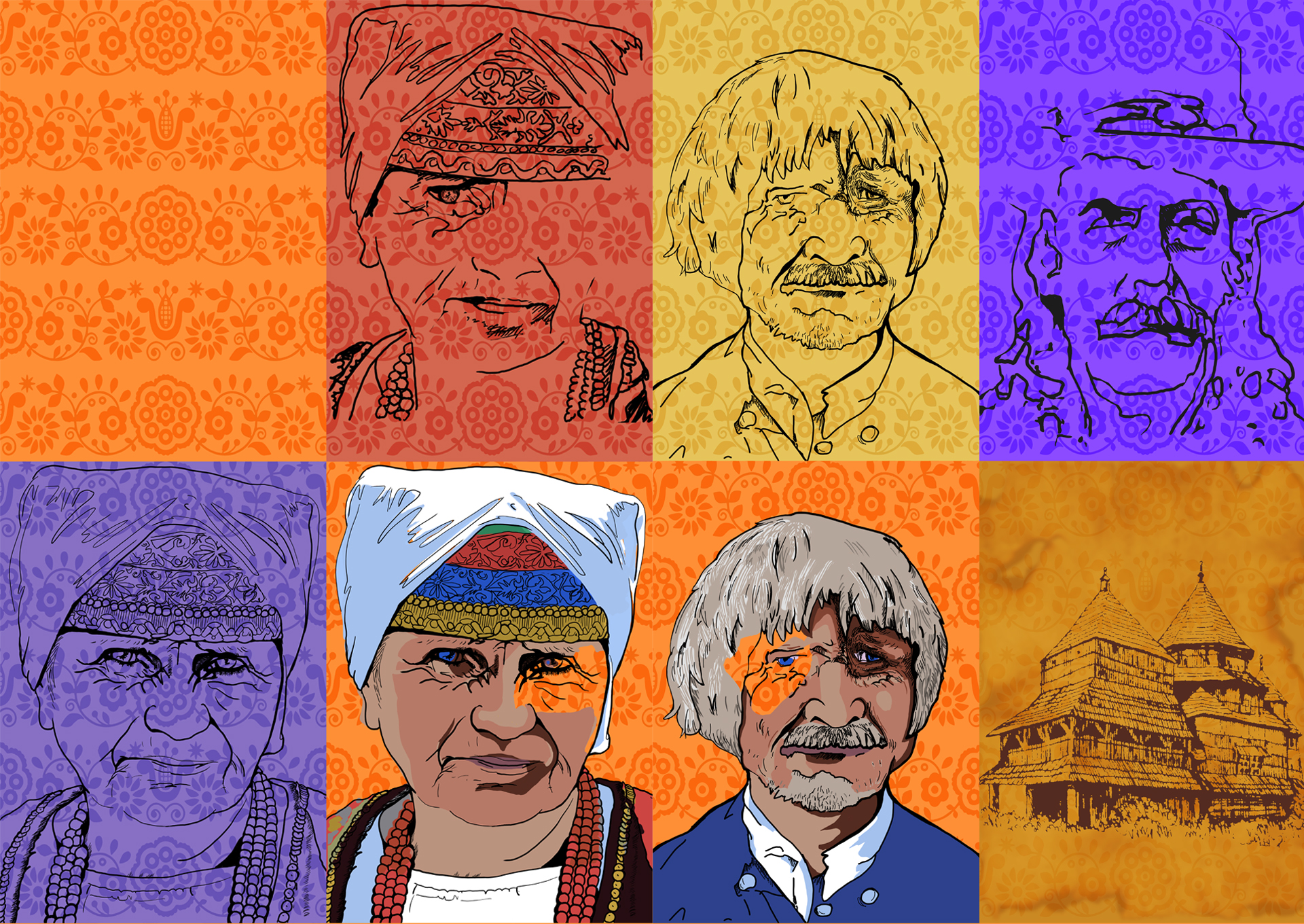 Grafika podzielona na 8 części. Każda z części ma tło w kwiecisty wzór. Sześć przedstawia portret. Portrety są narysowane czarną linią. Dwa portrety są wypełnione kolorem. Na jednej części jest cerkiew. Grafiki są żółte, pomarańczowe i niebieskie. Prace inspirowane są grafikami Andego Warhola, który był Łemkiem.