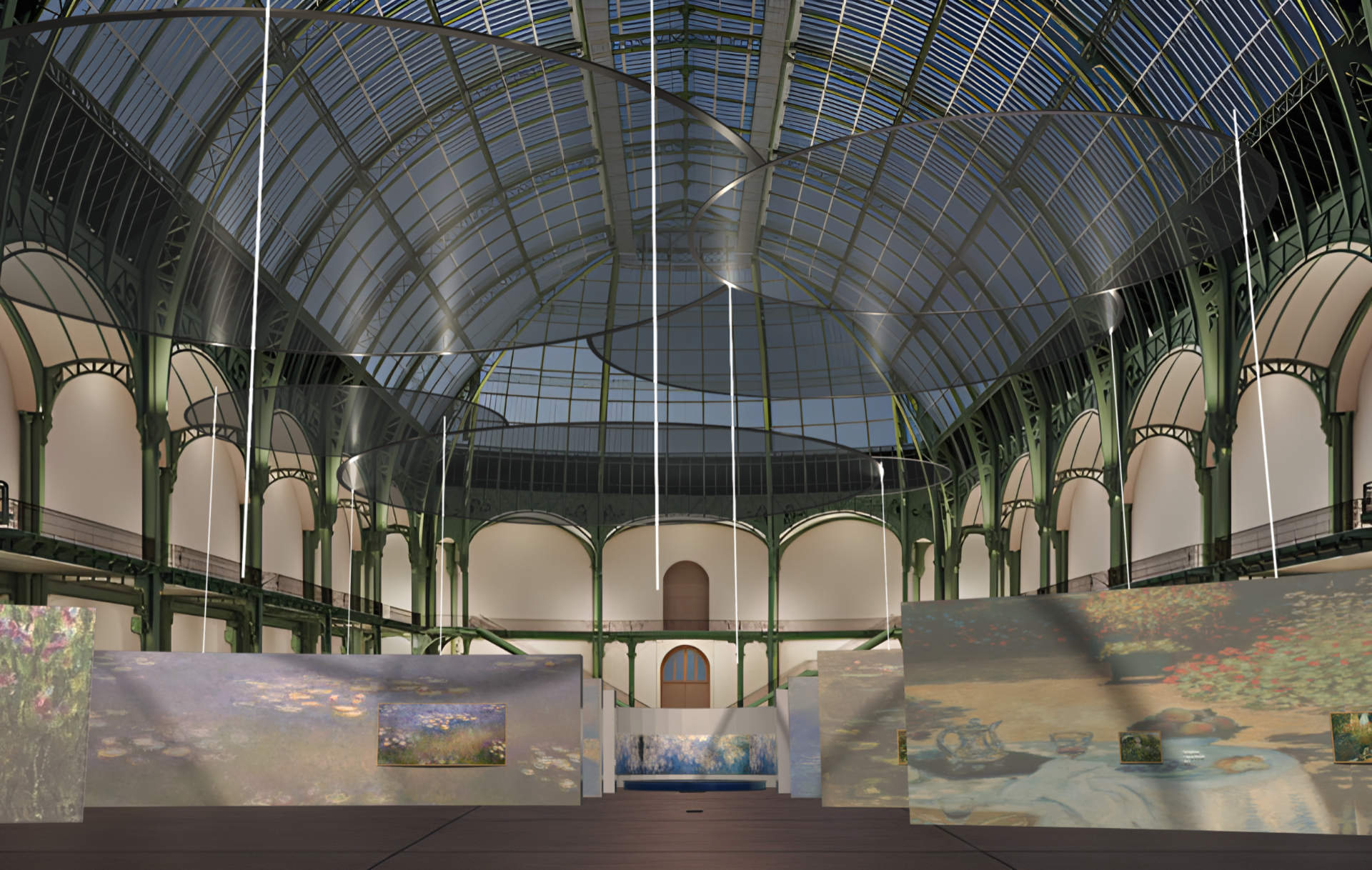 Projekt koncepcyjny wystawy czasowej poświęconej twórczości Claude’a Moneta w paryskim Grand Palais – komputerowa wizualizacja barwnego widoku perspektywicznego, ukazująca przestrzeń ekspozycji z punktu widzenia osoby zwiedzającej.