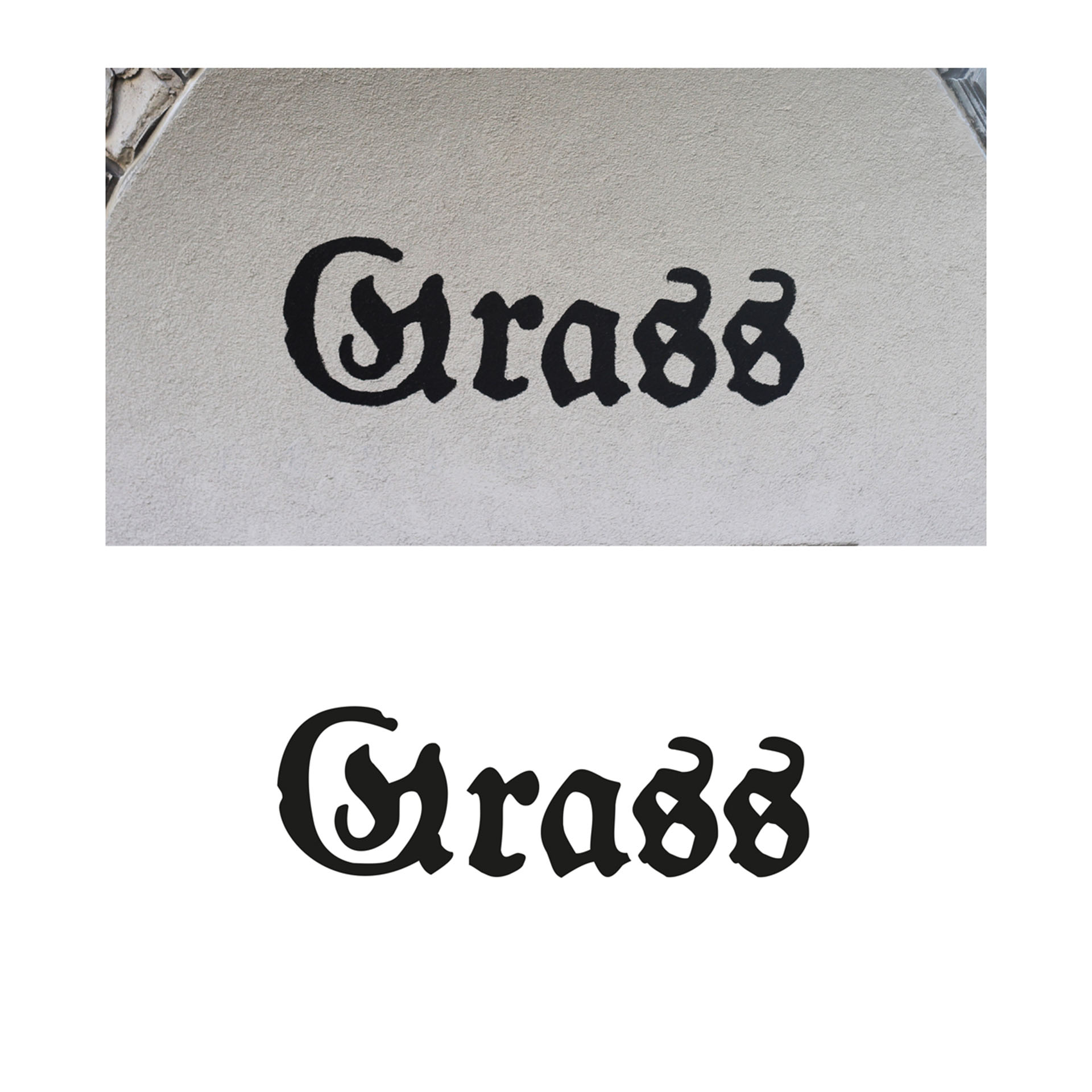 Zestawienie dwóch typografii, jedna jako fotografia z przestrzeni miejskiej napis Grass, druga to zapis wektorowy czarny. 