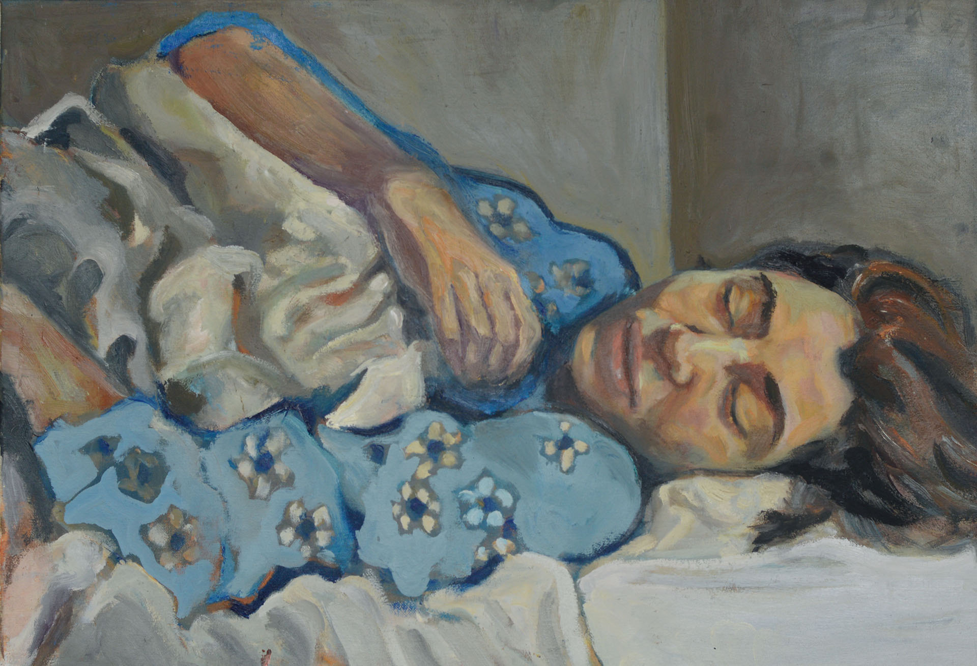 Utrzymany w chłodnej tonacji obraz przedstawia toczoną bielą pościeli, ujętą od pasa w górę śpiącą dziewczynę w kwiecistej, błękitnej koszuli obróconą twarzą do widza. Od prawej strony poranne, zimne światło pada na jej głowę.