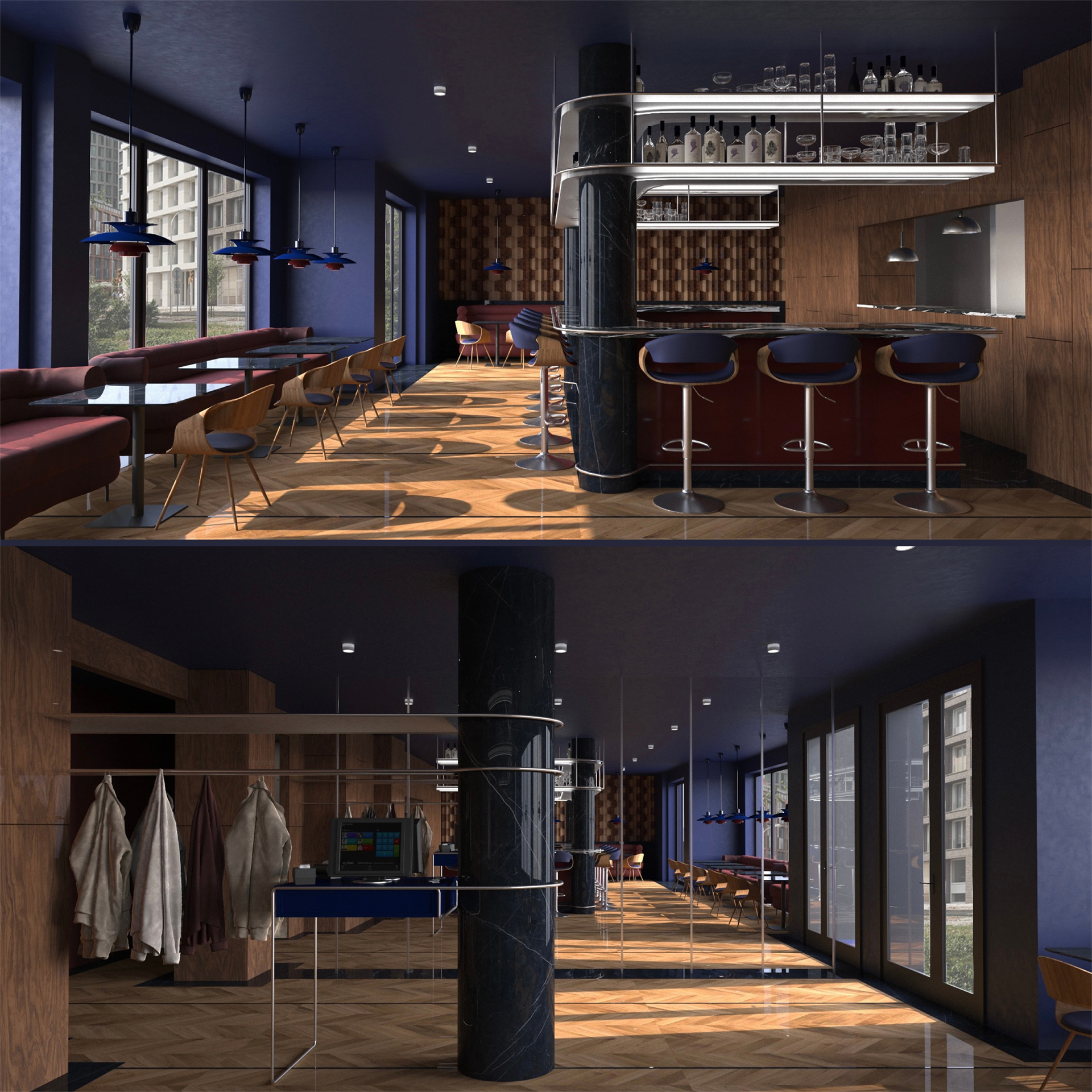 Plansza przedstawiająca dwie poziome wizualizacje wnętrza restauracji utrzymanej w stylistyce dwudziestolecia międzywojennego. Zaprezentowano widok na siedziska ujawniając boczną stronę baru oraz widok na szatnię i kasę znajdującą się przy wejściu do restauracji. 
