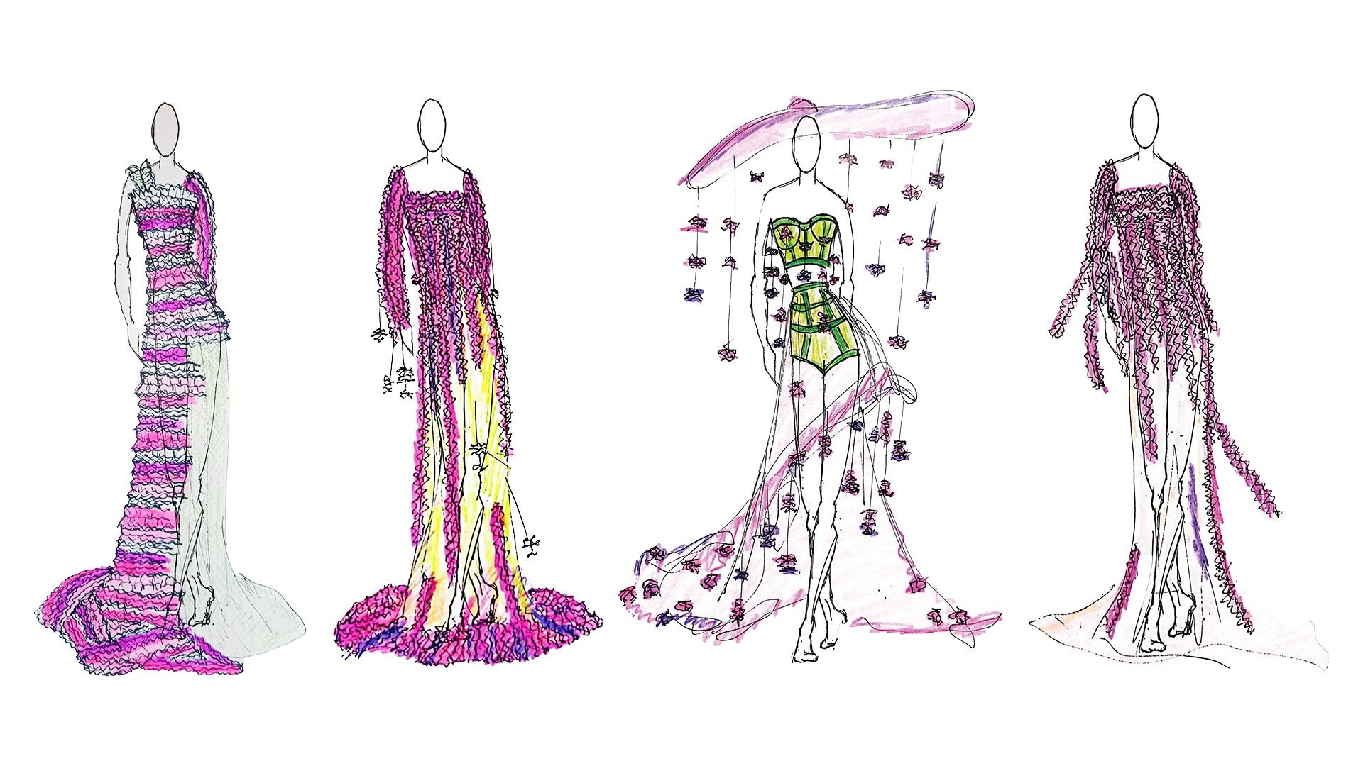 Układ czterech rysunków przedstawiających projekty sukni na sylwetkach kobiet. Jeden projekt z kapeluszem. Białe tło